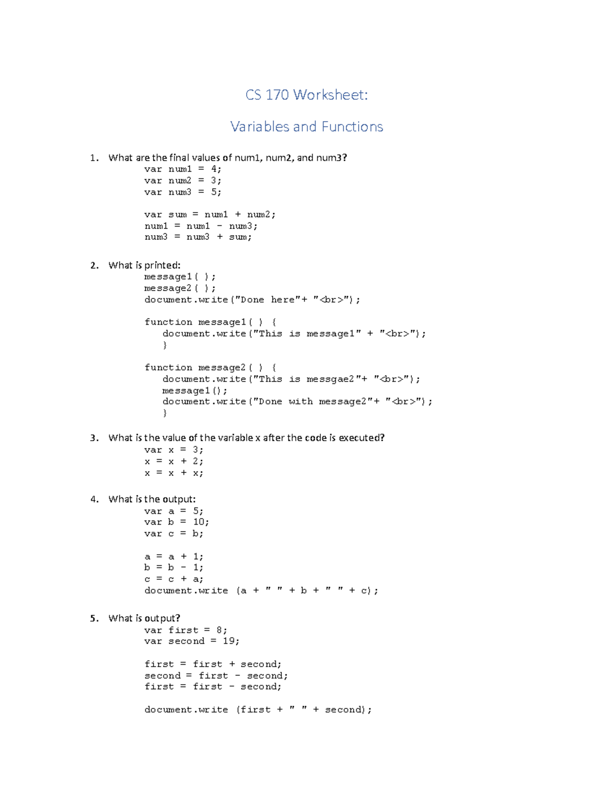 Week 07 Worksheet-Variables And Functions - CS 170 Worksheet: Variables ...