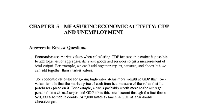 CHAPTER 5: MEASURING ECONOMIC ACTIVITY - GDP & UNEMPLOYMENT Answers