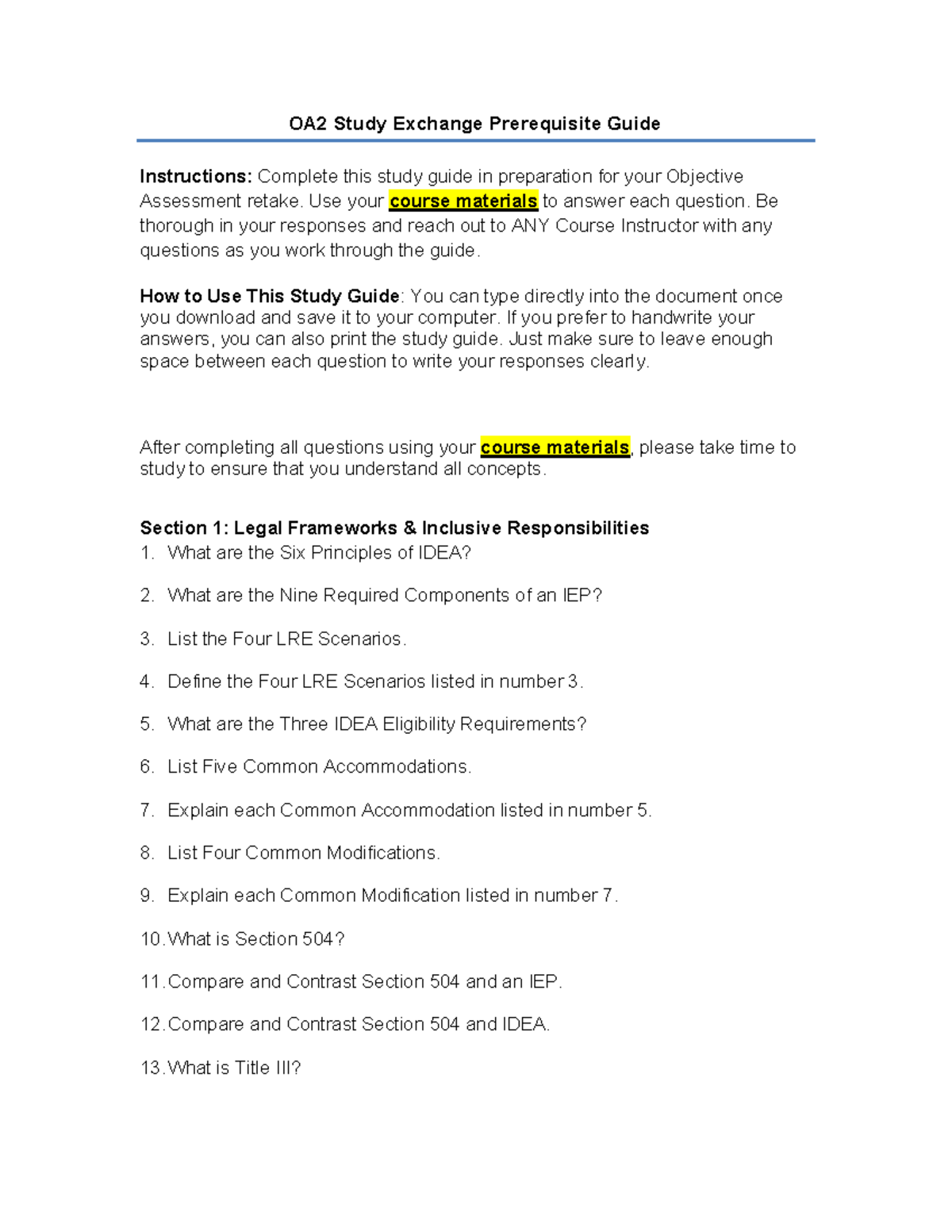 OA2 Retake Prerequisite Study Guide for Objective Assessment - Studocu
