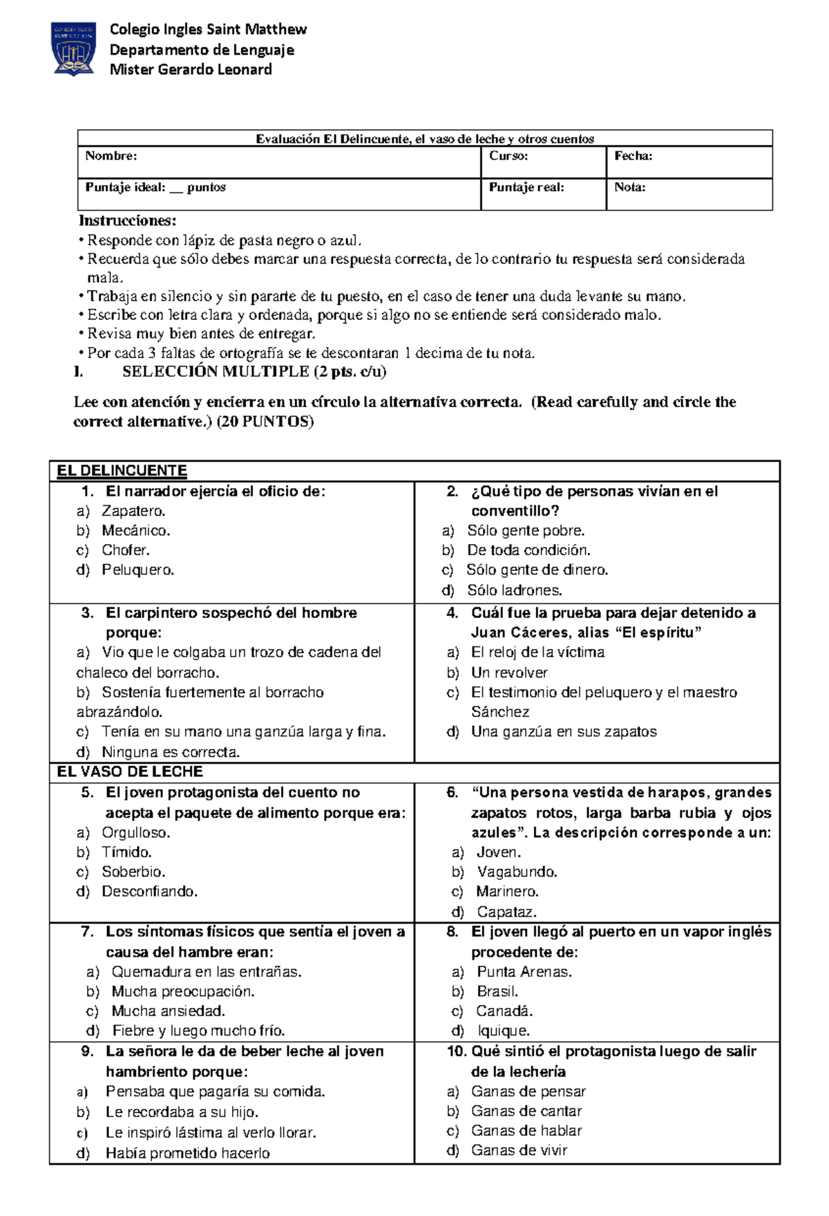 Evaluación de Lenguaje: El Delincuente y Otros Cuentos -  Curso Colegio Inglés - Document Preview