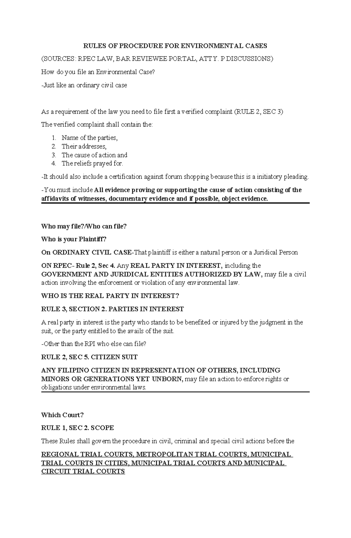 RPEC Lecture Notes: Rules of Procedure for Environmental Cases - Studocu