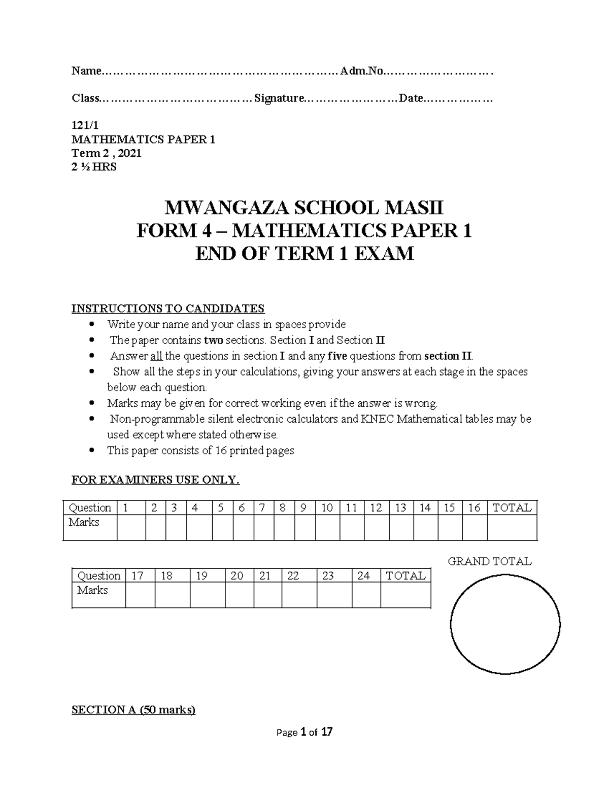 MATHEMATICS PAPER 1 FORM 4 TERM 2 EXAM QUESTIONS - Studocu
