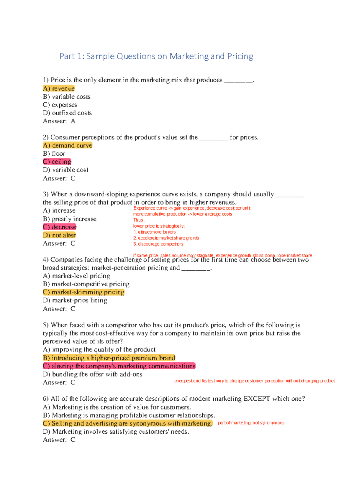 IS2218 Final Exam Sample Questions on Marketing and Pricing - Studocu