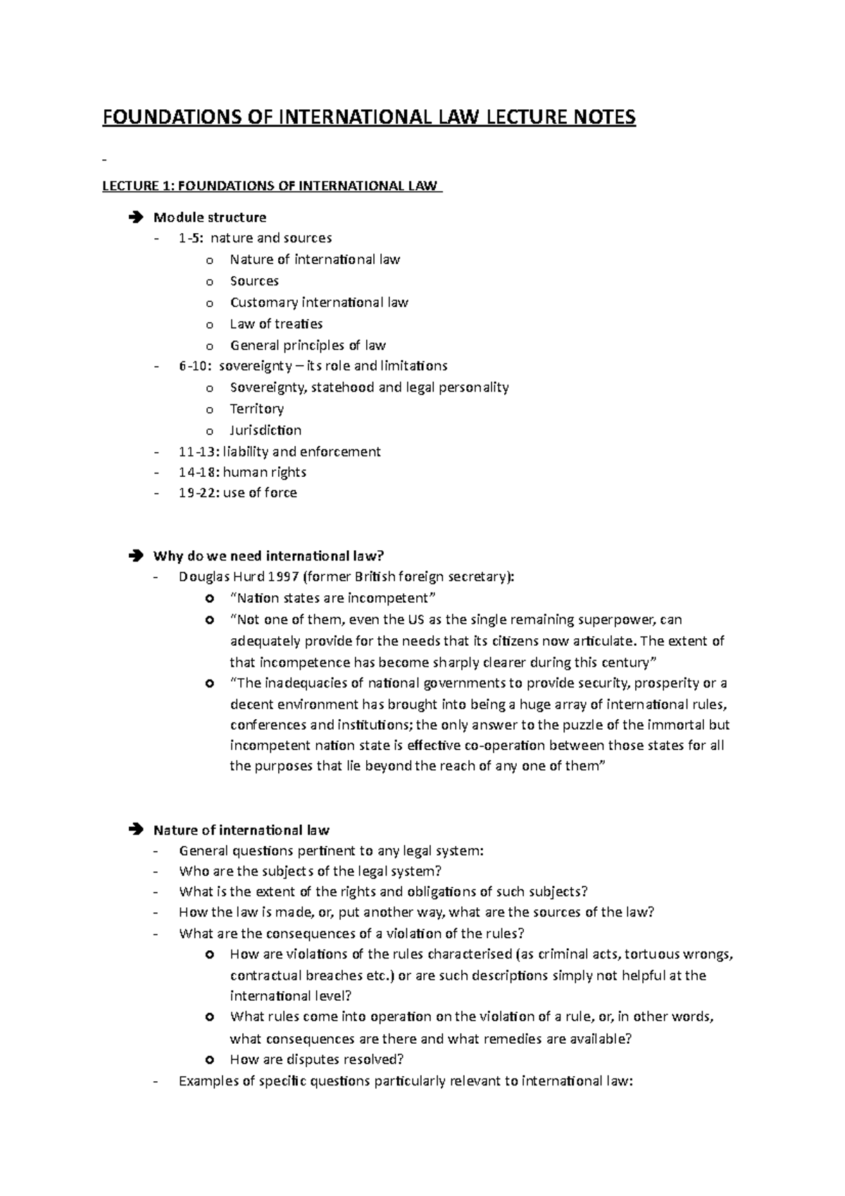 Lecture Notes - Foundations of International Law (INTL 101) - Studocu