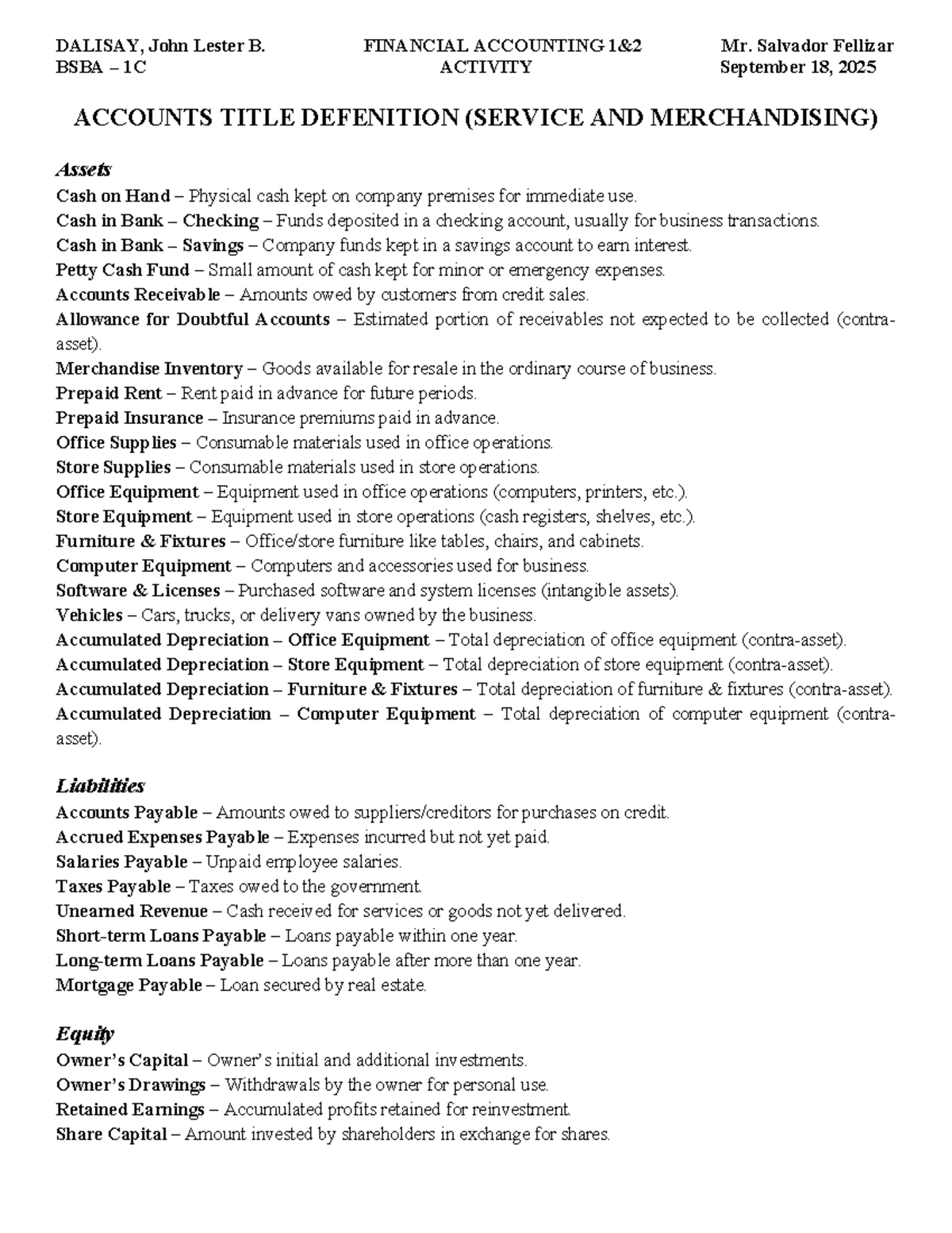 BSBA 1C Financial Accounting Activity: Chart of Accounts Overview - Studocu