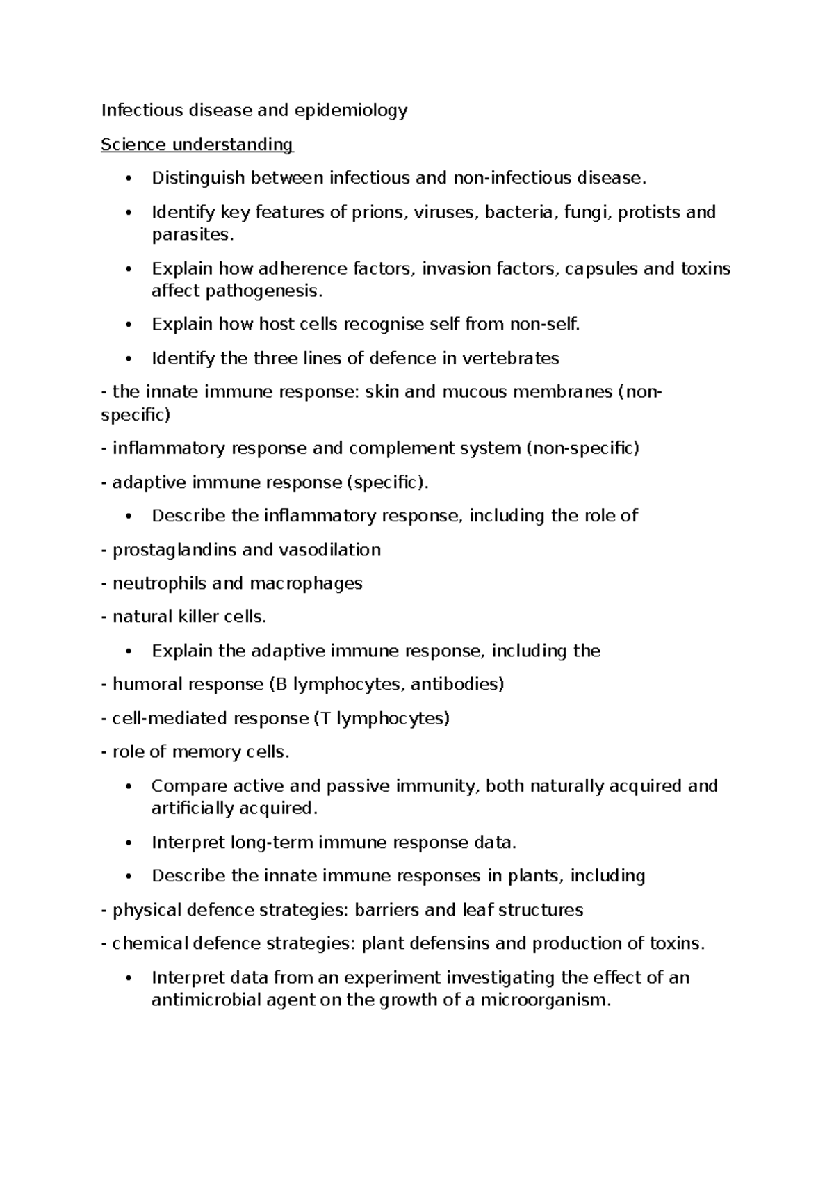 Biology Topic 2: Infectious Diseases & Immune Responses Overview - Studocu