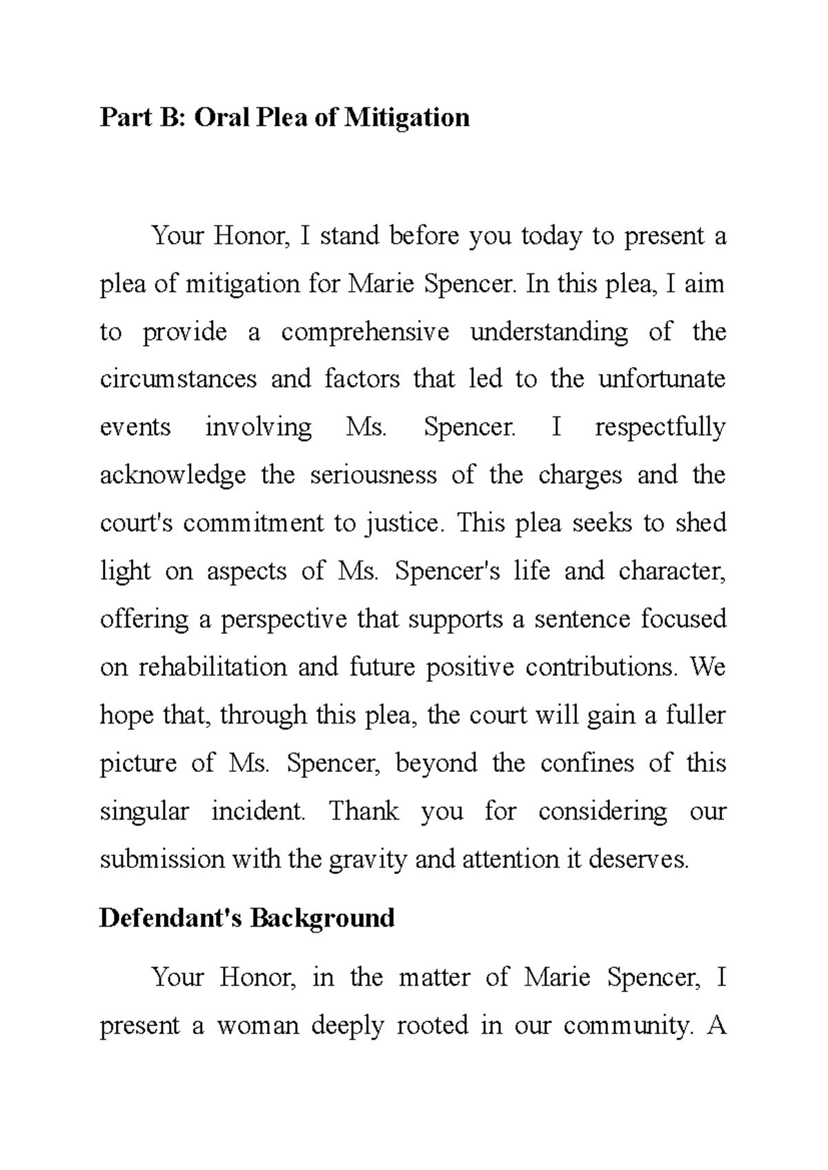 Part B: Oral Plea of Mitigation for Marie Spencer - Studocu