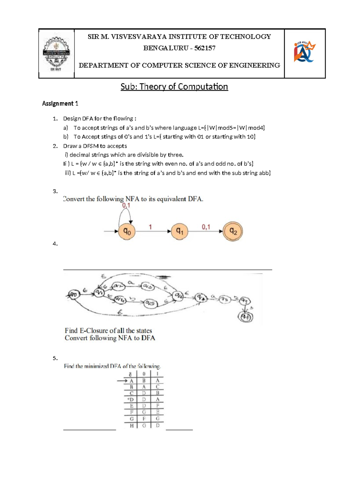 Theory of Computation Assignment 1 - SIR MVIT CSE - Studocu