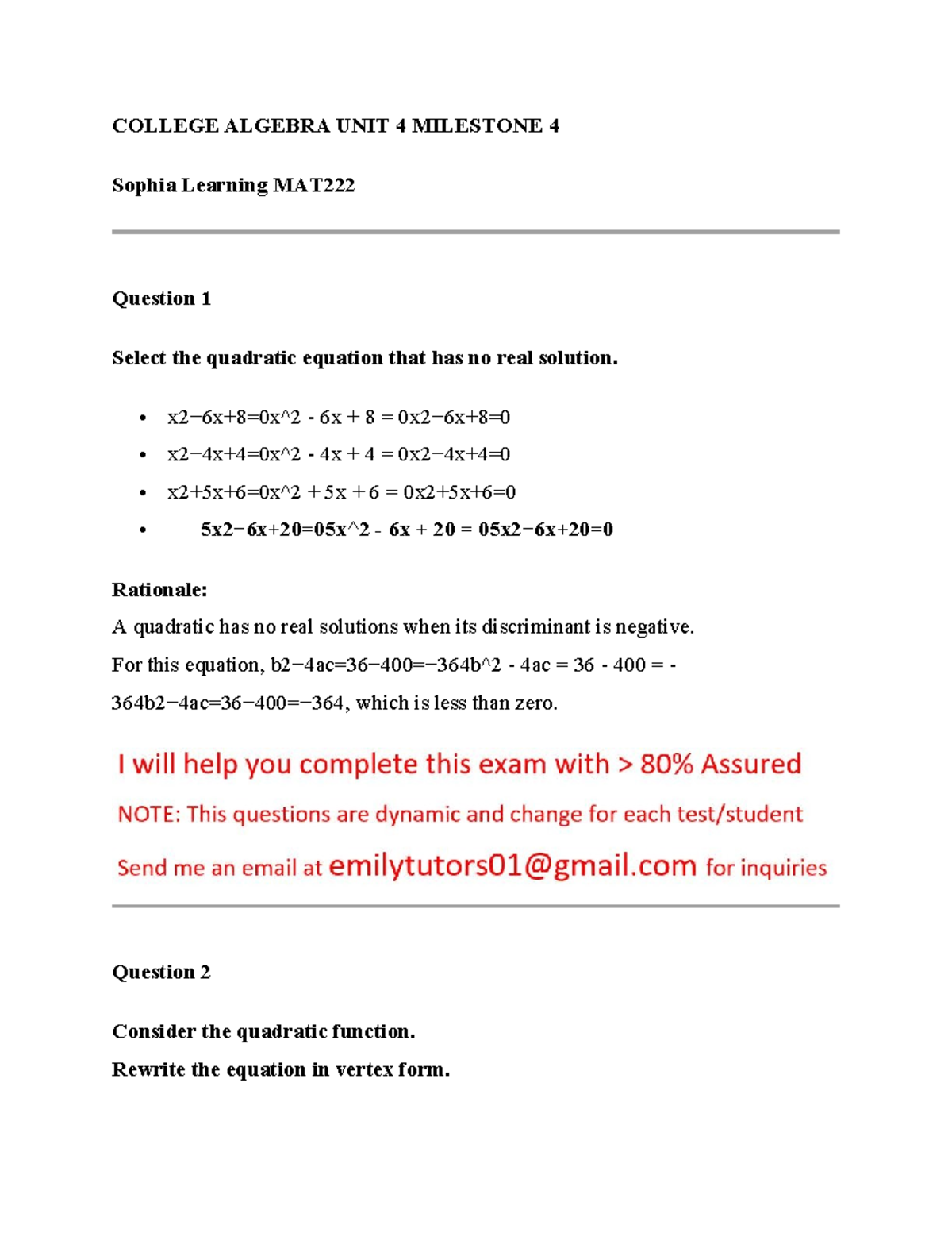 College Algebra UNIT 4 Milestone 4: Quadratic Equations & Inequalities ...