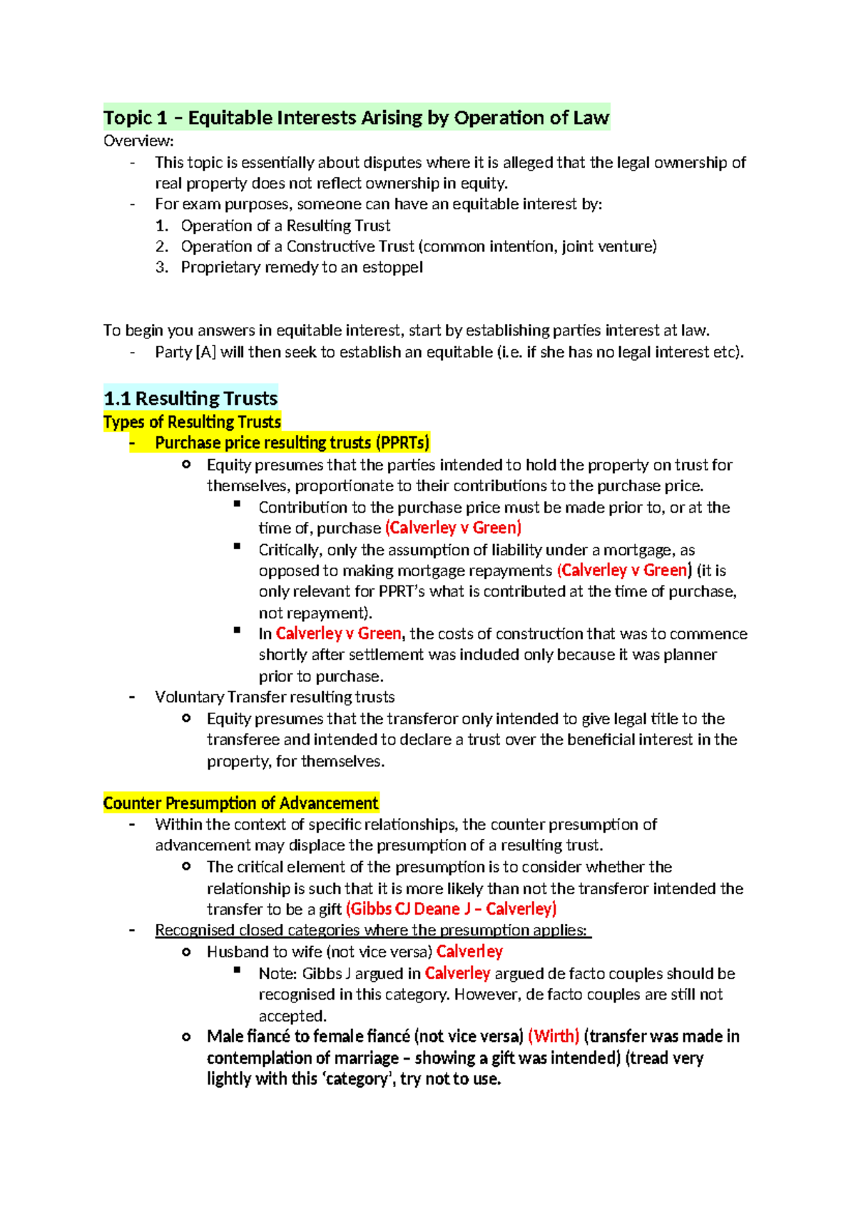Topic 1 Exam Notes: Equitable Interests and Trusts Overview - Studocu