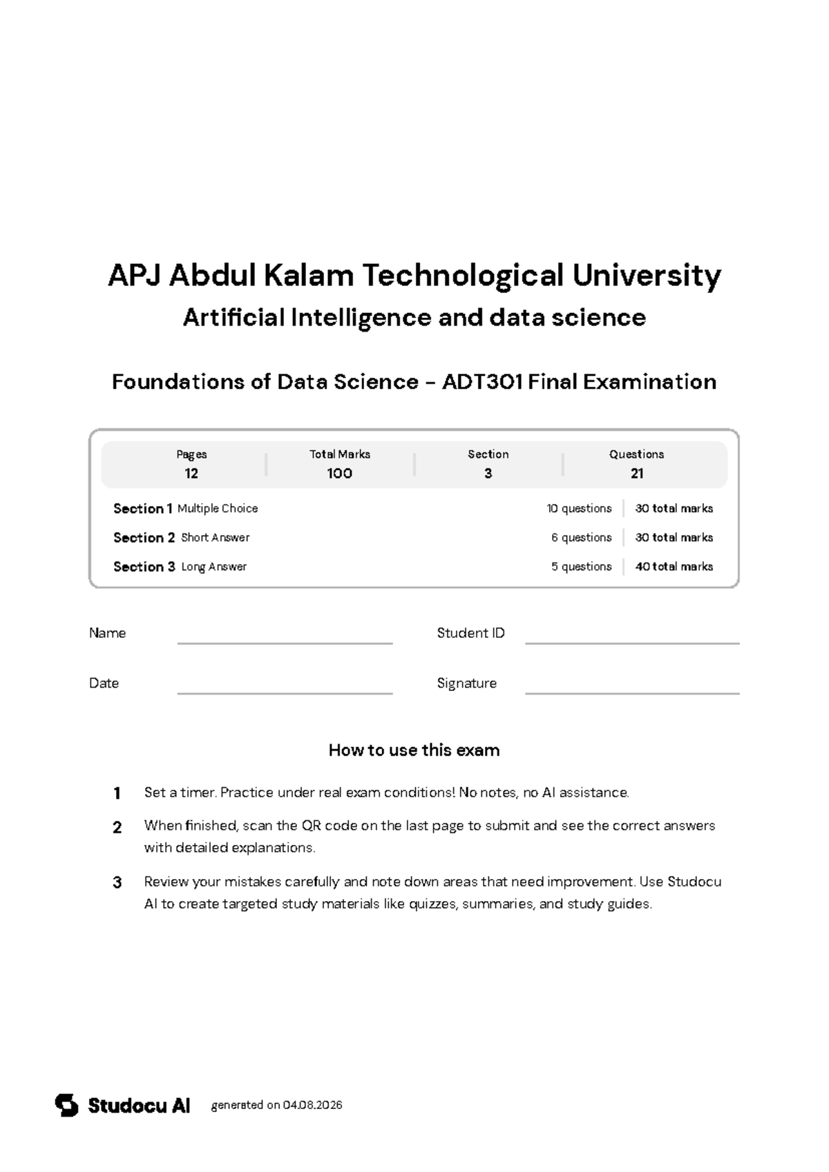 Foundations of Data Science - ADT301 Final Exam - Studocu