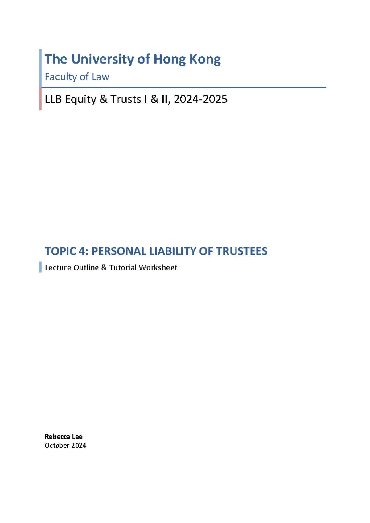 Topic 4: Personal Liability of Trustees - Lecture & Tutorial Notes (LLB ...
