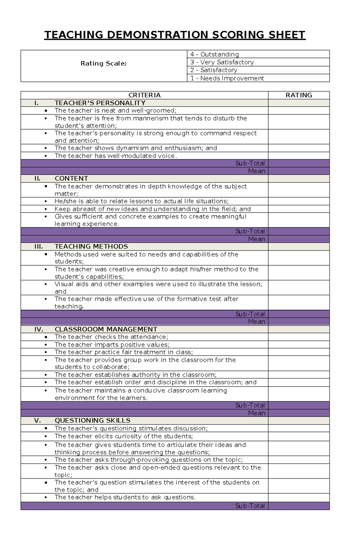 Teaching Demonstration Scoring Sheet & ICT Integration Rubric - Studocu