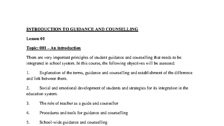 EDU304 - Introduction to Guidance and Counselling Lesson 01 Notes - Studocu