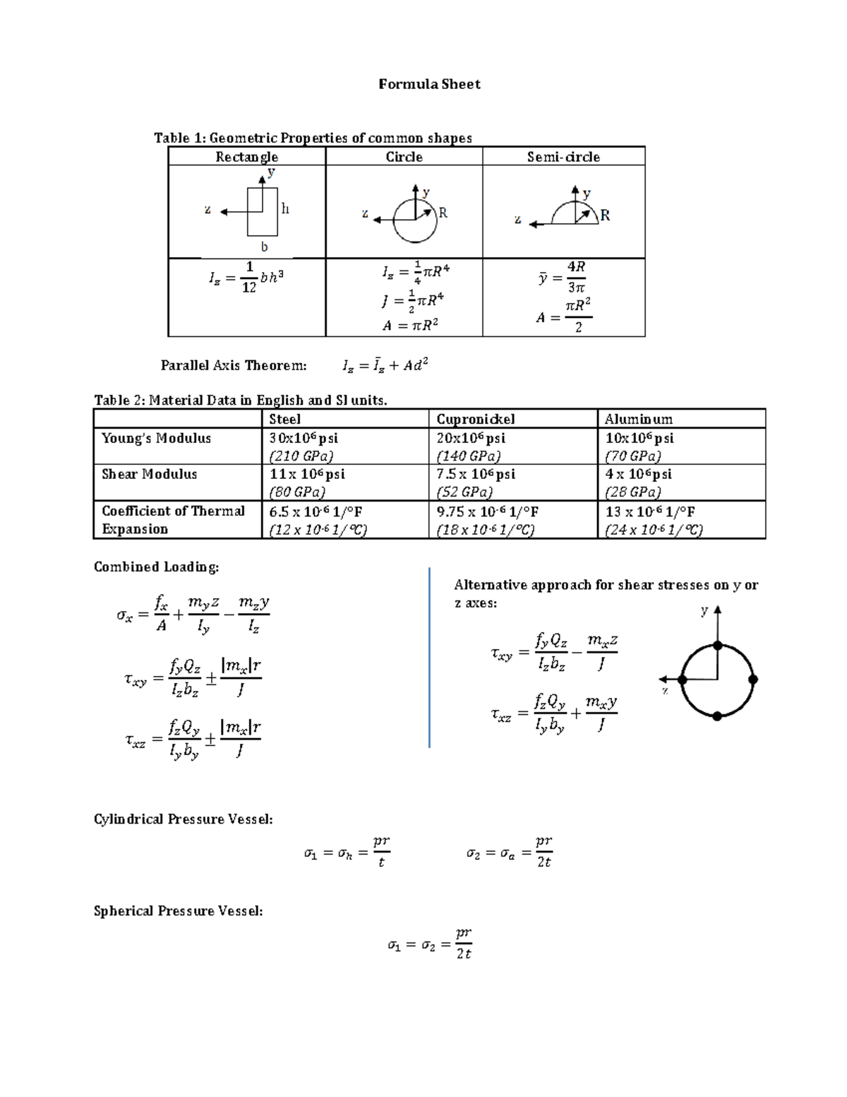 ME222 Final Exam Formula Sheet: Geometric & Material Properties - Studocu