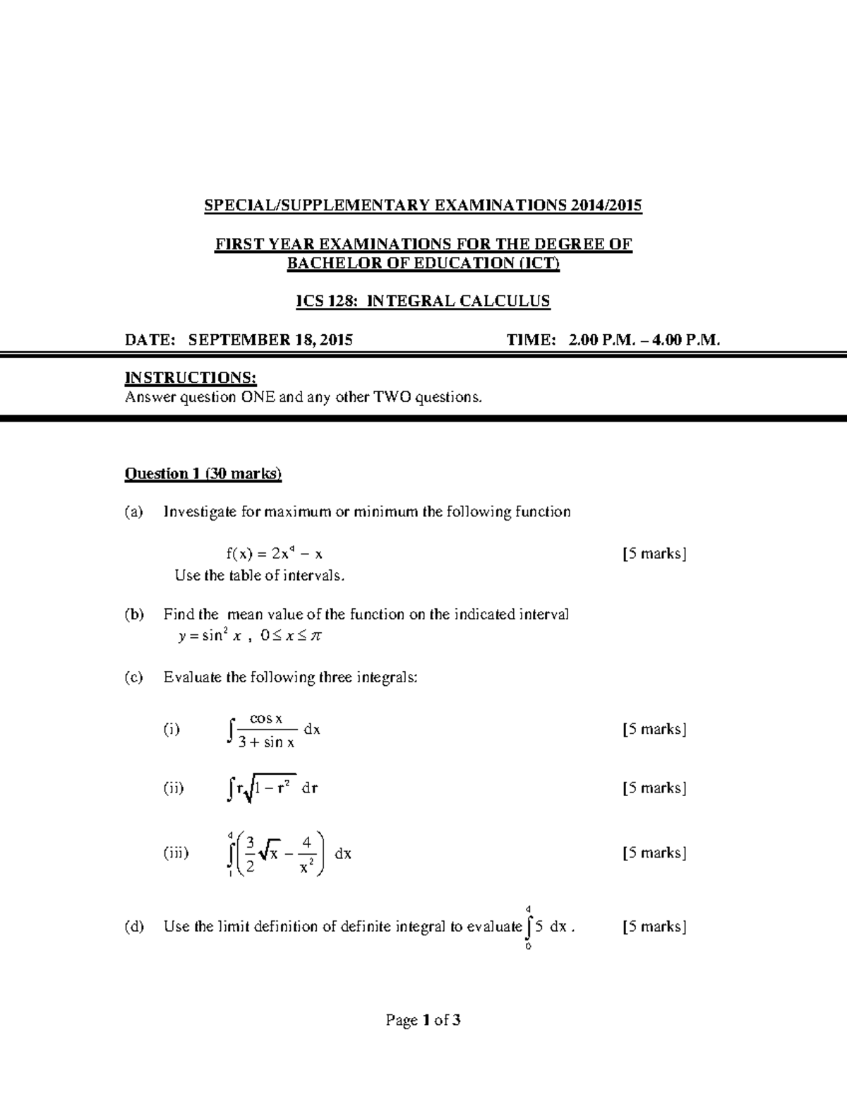 ICS 128: Integral Calculus Practice Questions for First Year Exam - Studocu
