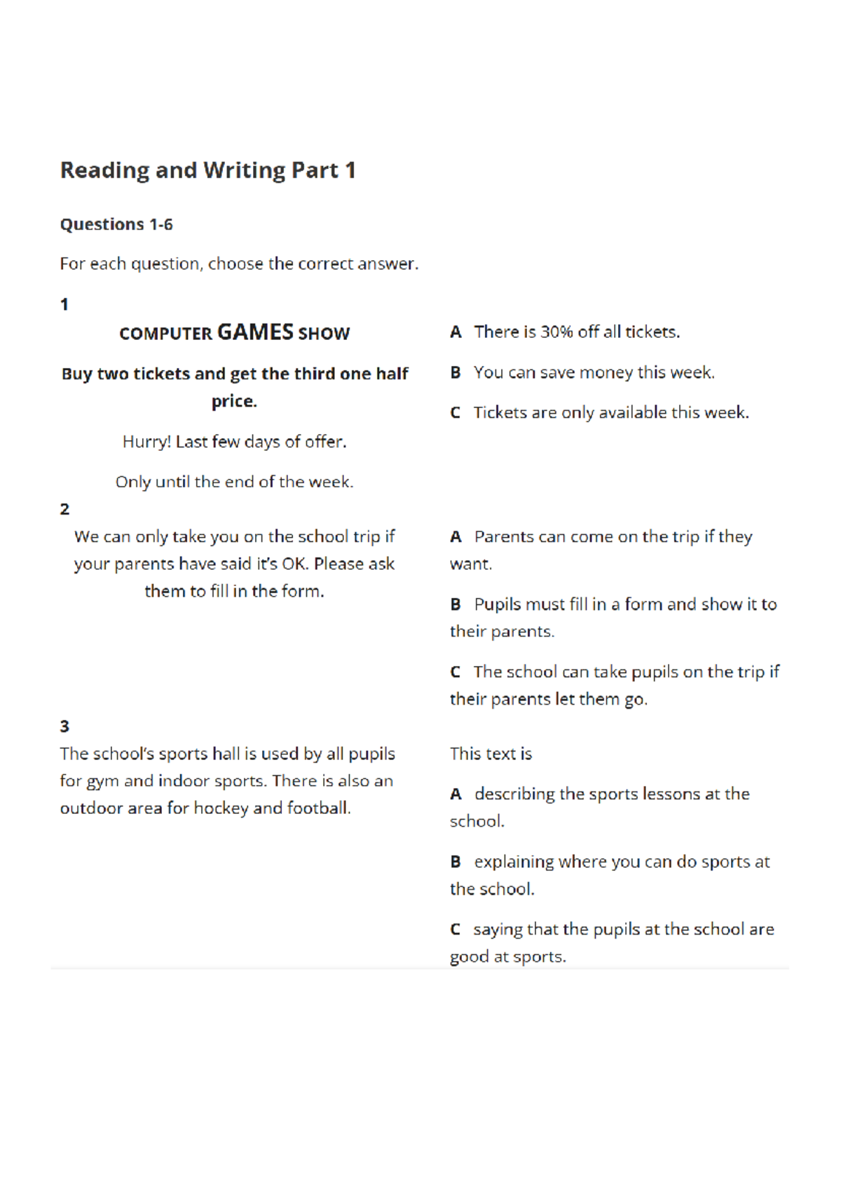 KET Reading and Writing Practice Questions Part 1 - Studocu