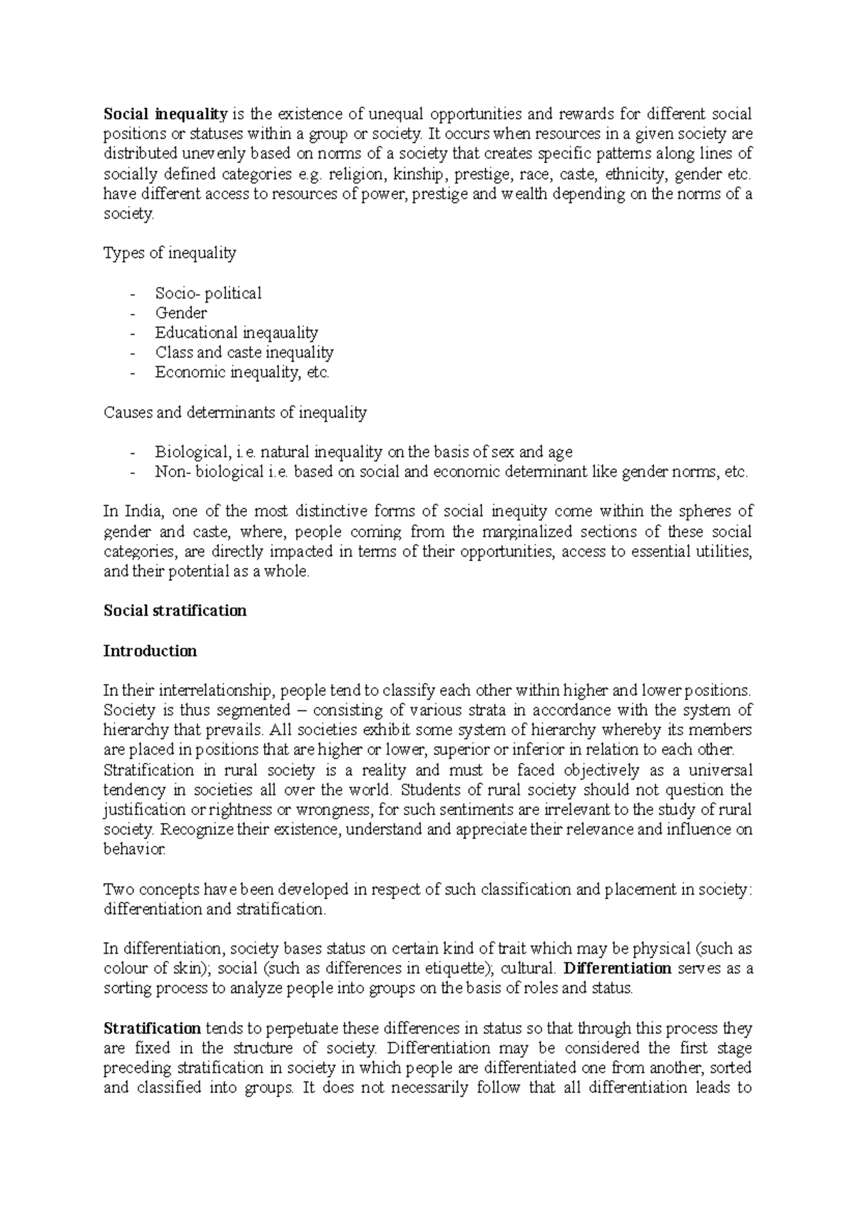Social Inequality and Stratification - Lecture Notes 1-8 - Studocu