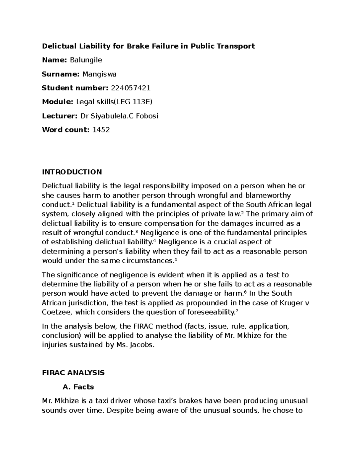 Delictual Liability for Brake Failure in Public Transport (LEG 113E ...
