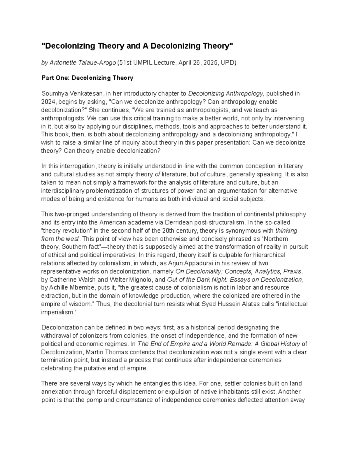 Decolonizing Theory: Insights from the 51st UMPIL Lecture (April 2025 ...