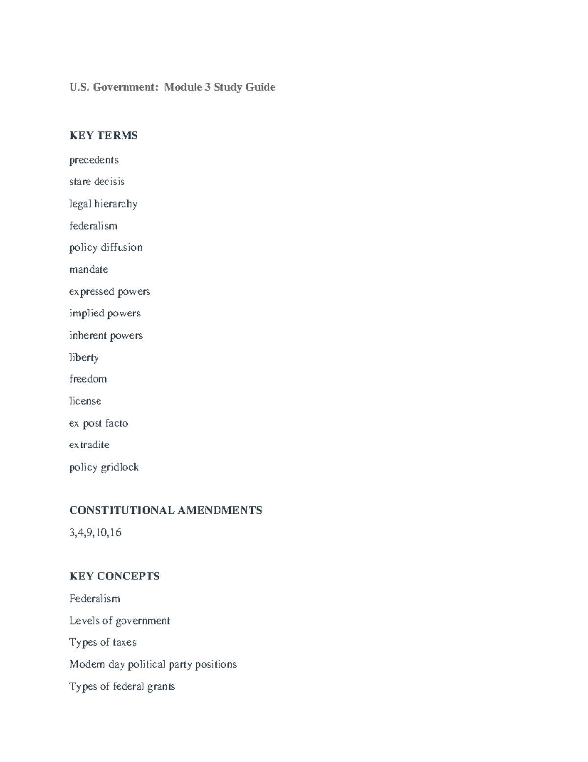 U.S. Government: Module 3 Study Guide on Key Terms & Concepts - Studocu
