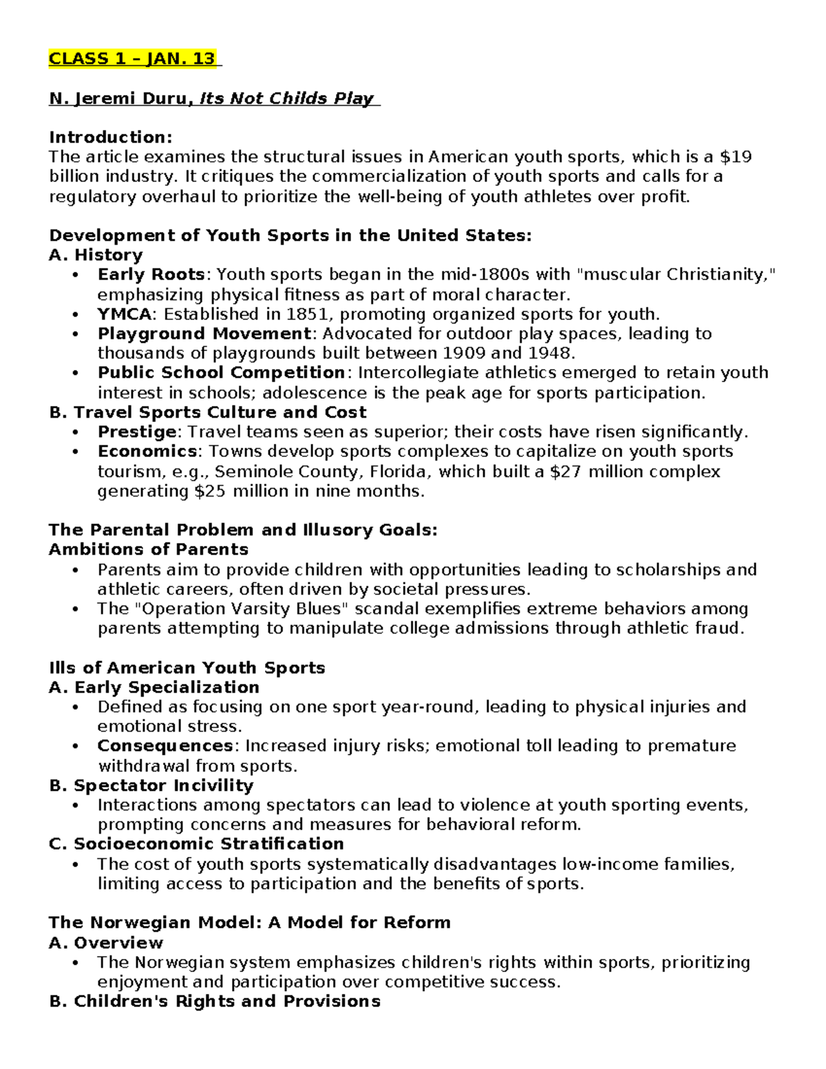 Sports Law Class Notes: Examining Youth Sports Issues and Legal Cases ...