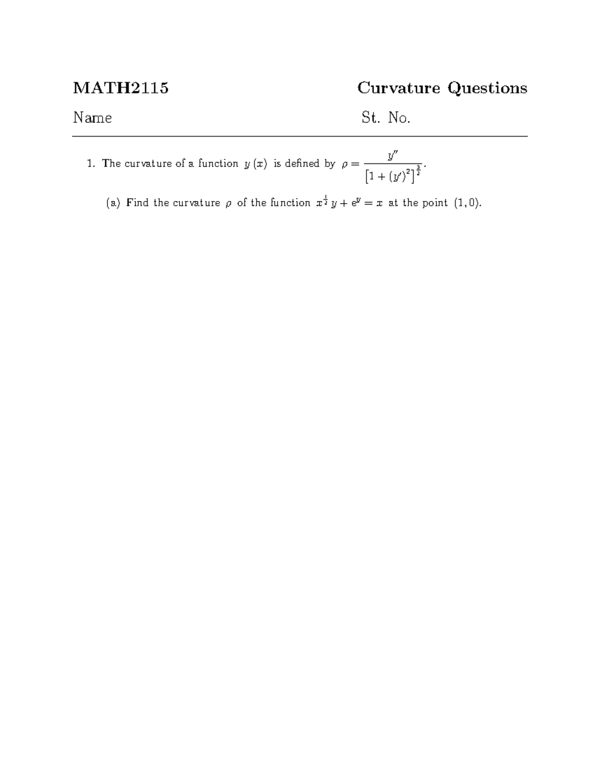 MATH2115 Curvature Past Exam Questions and Solutions - Studocu