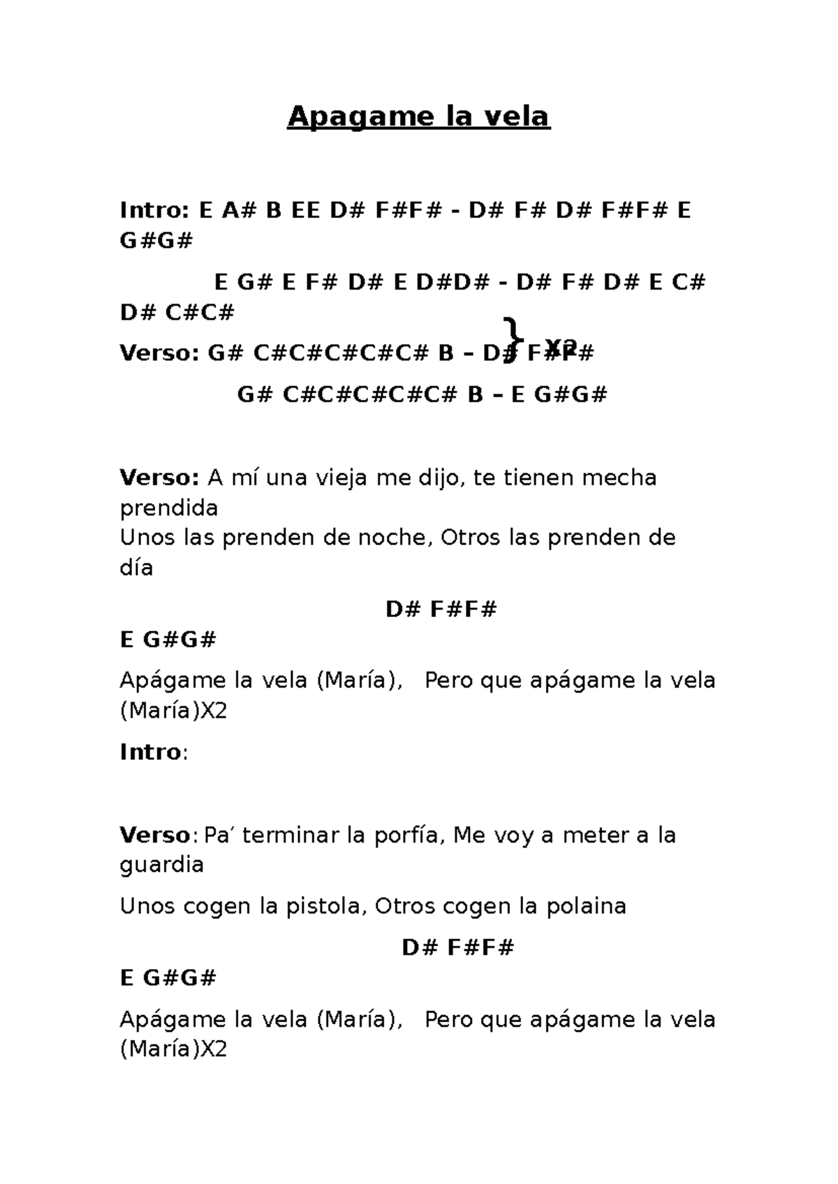 Apagame la vela - Apagame la vela Intro: E A# B EE D# F#F# - D# F# D# ...