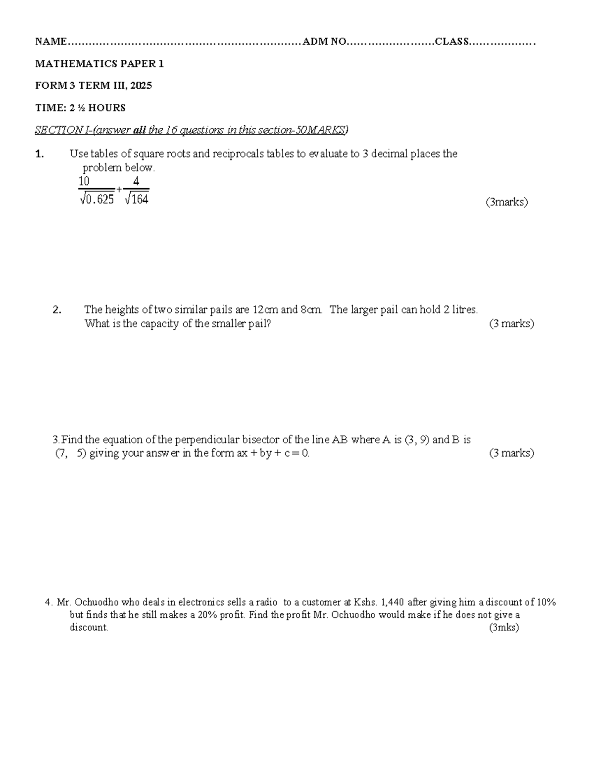 MATHEMATICS PAPER 1 FORM 3 TERM 2025 - QUESTION SET - Studocu