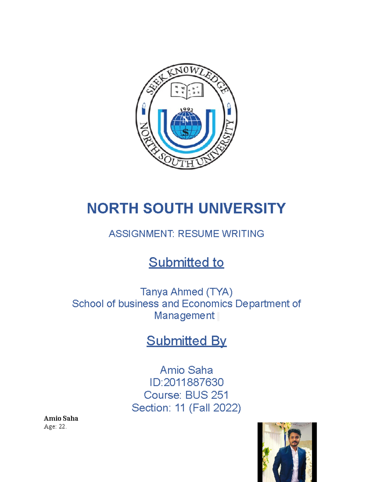 Resume-AMIO-SAHA - resume - NORTH SOUTH UNIVERSITY ASSIGNMENT: RESUME ...