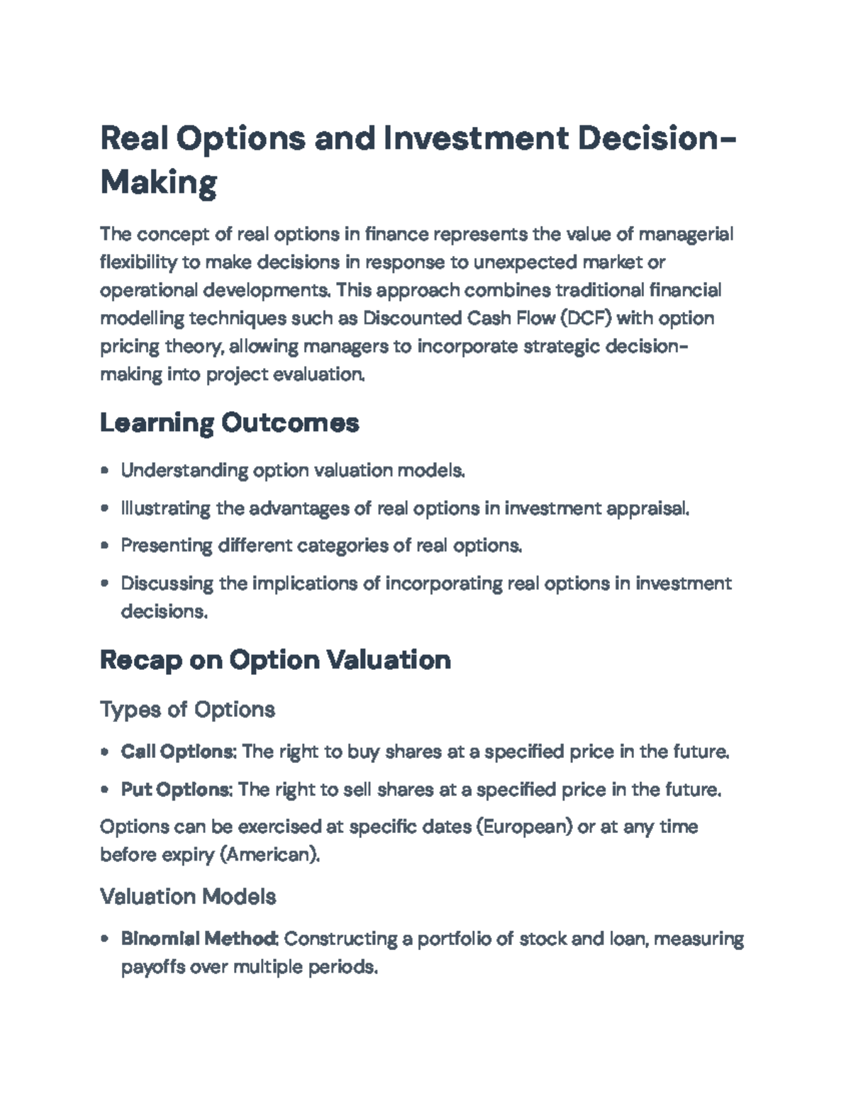 Real Options in Investment Decision-Making: Concepts and Models - Real ...