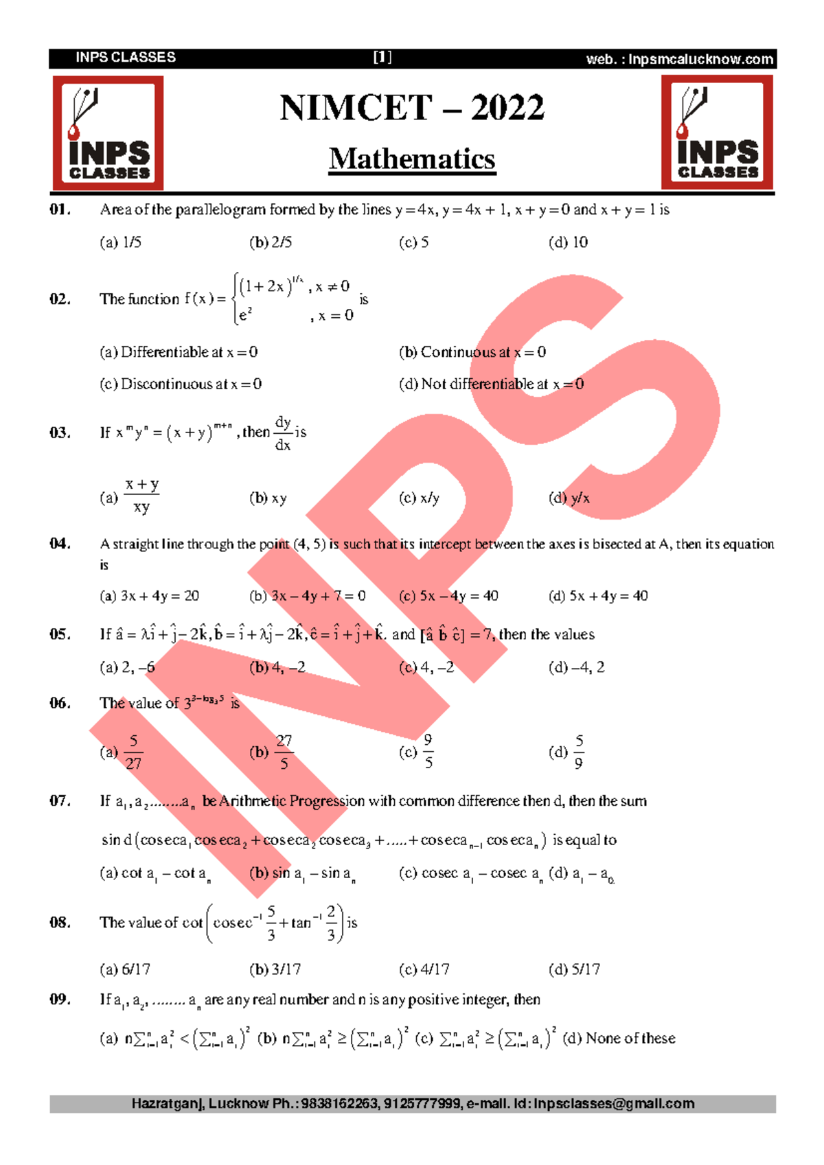 2022 - Nimcet questions paper - INPS 01. Area of the parallelogram ...