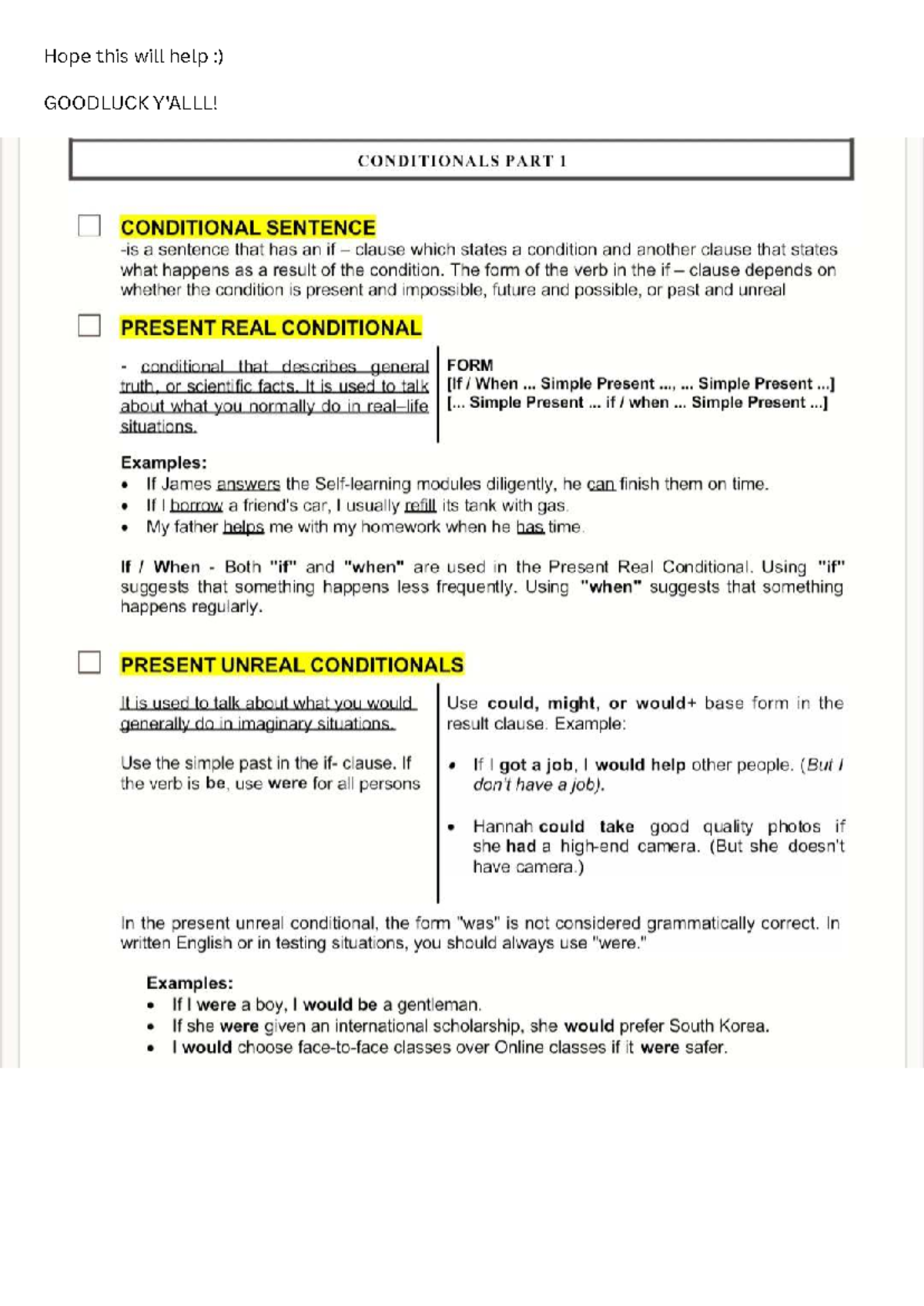 Conditional Sentences Explained: Part 1 & 2 Review (ENG 202) - Studocu