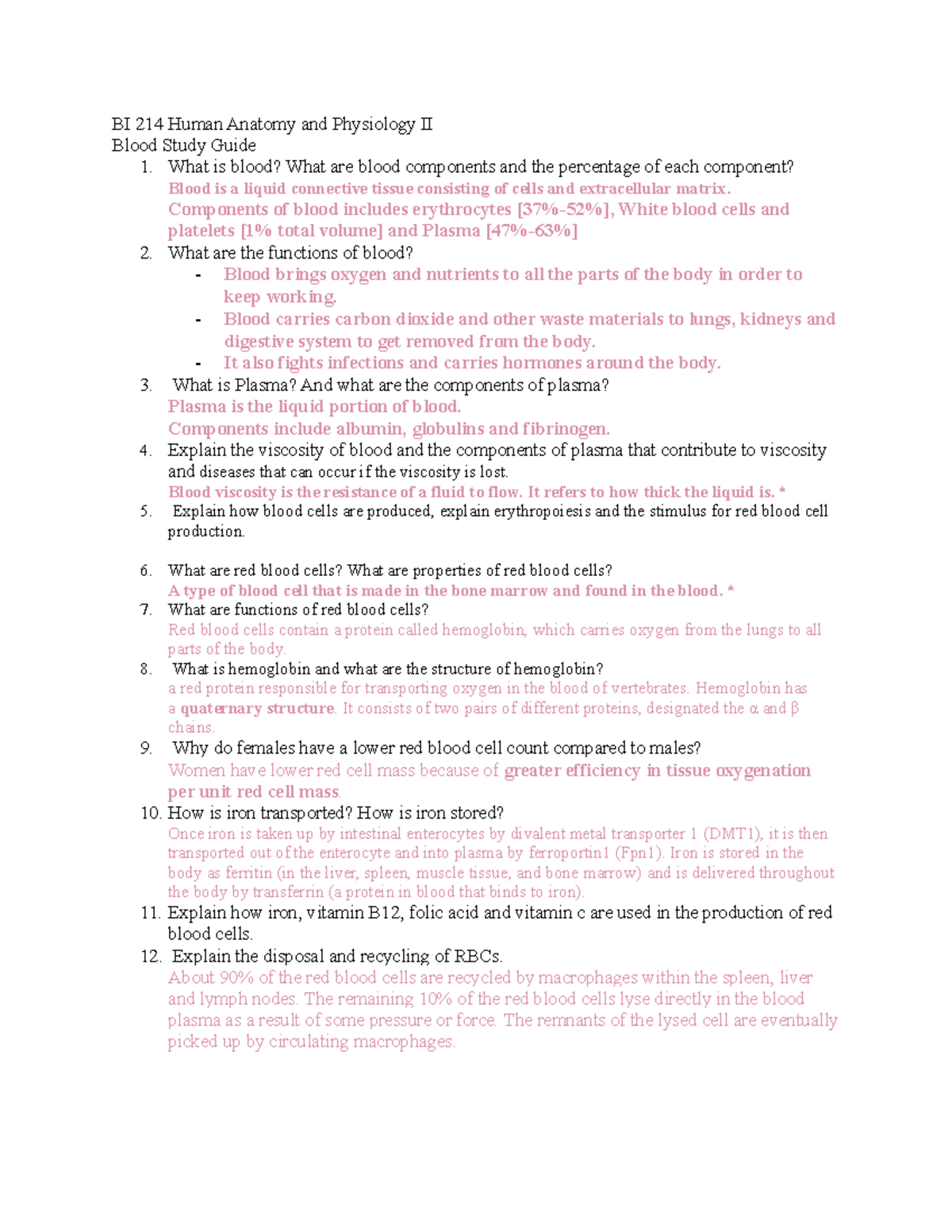 BI 214 Final Exam Study Guide: Blood Anatomy and Functions - Studocu