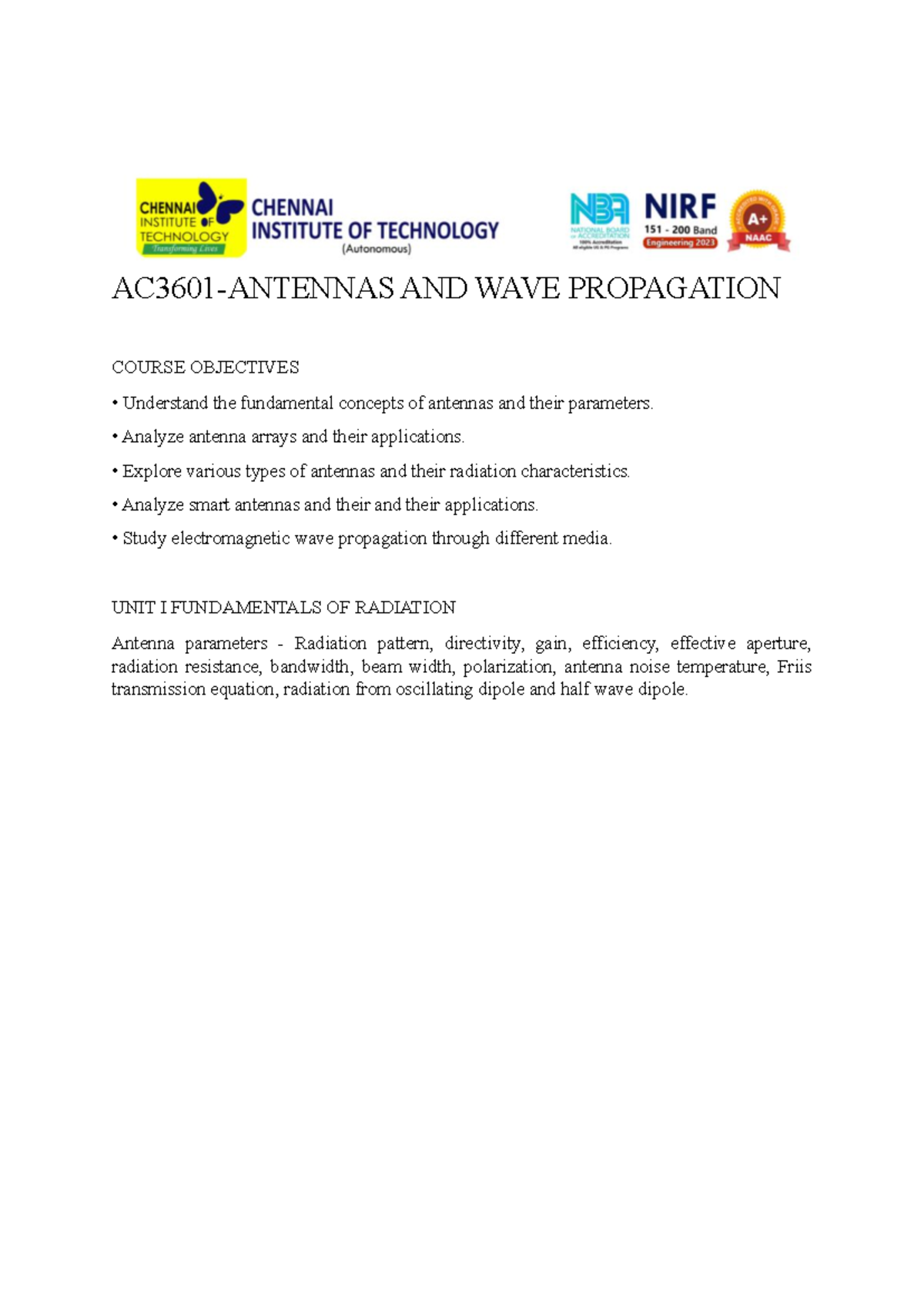 AWP-UNIT 1 Notes - Antenna - AC3601-ANTENNAS AND WAVE PROPAGATION ...