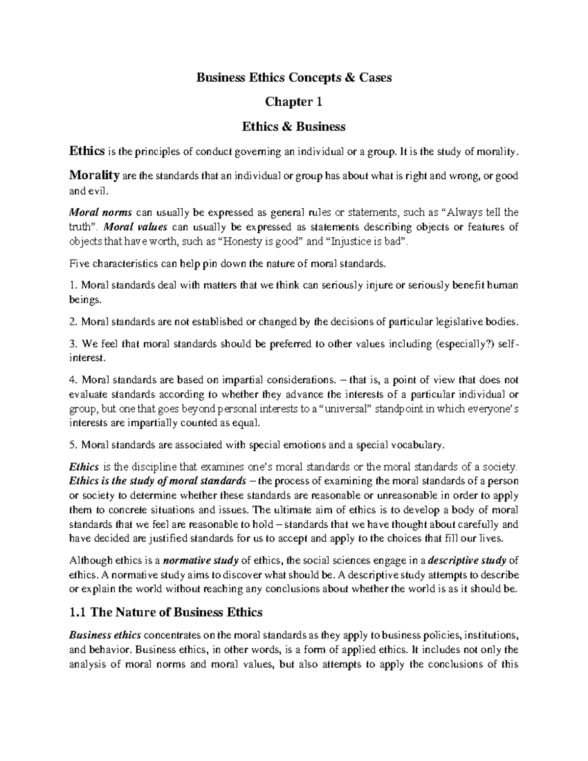 Business Ethics Concepts & Cases: Chapter 1 Overview and Analysis - Studocu
