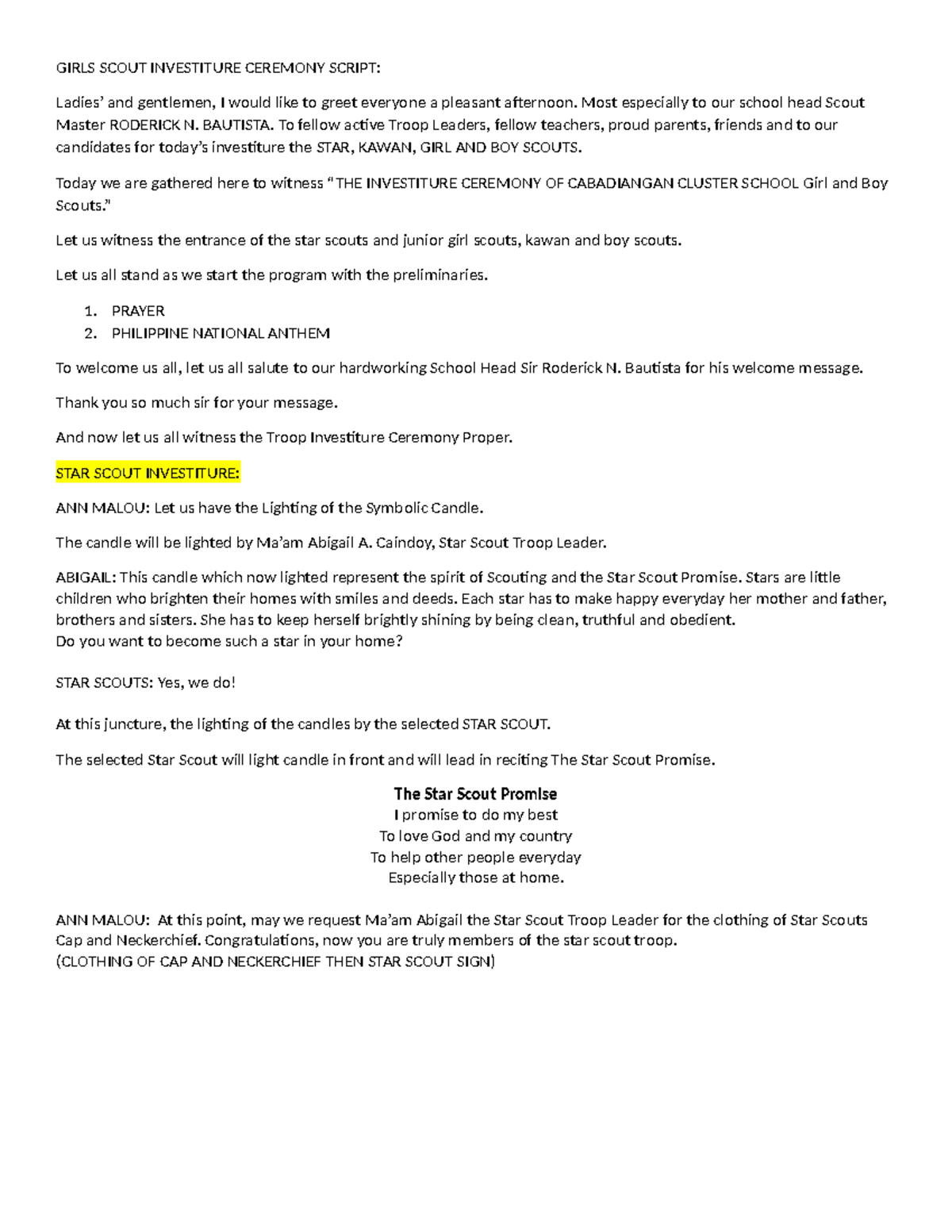 Girls Scout Investiture Ceremony Script for Cabadiangan Cluster School ...