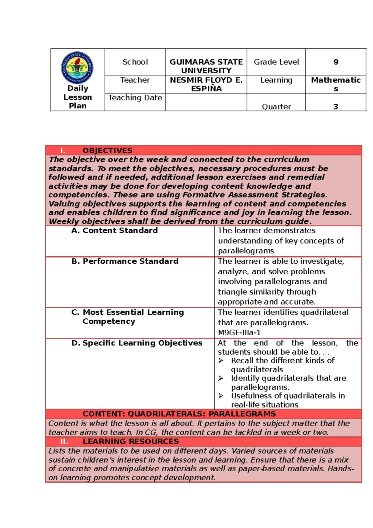 Grade 9 Math Lesson Plan: Understanding Parallelograms (Quarter 3 ...