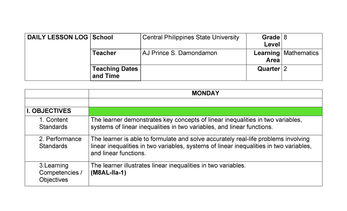 Daily Lesson Log: G8 Math on Linear Inequalities and Functions - Studocu