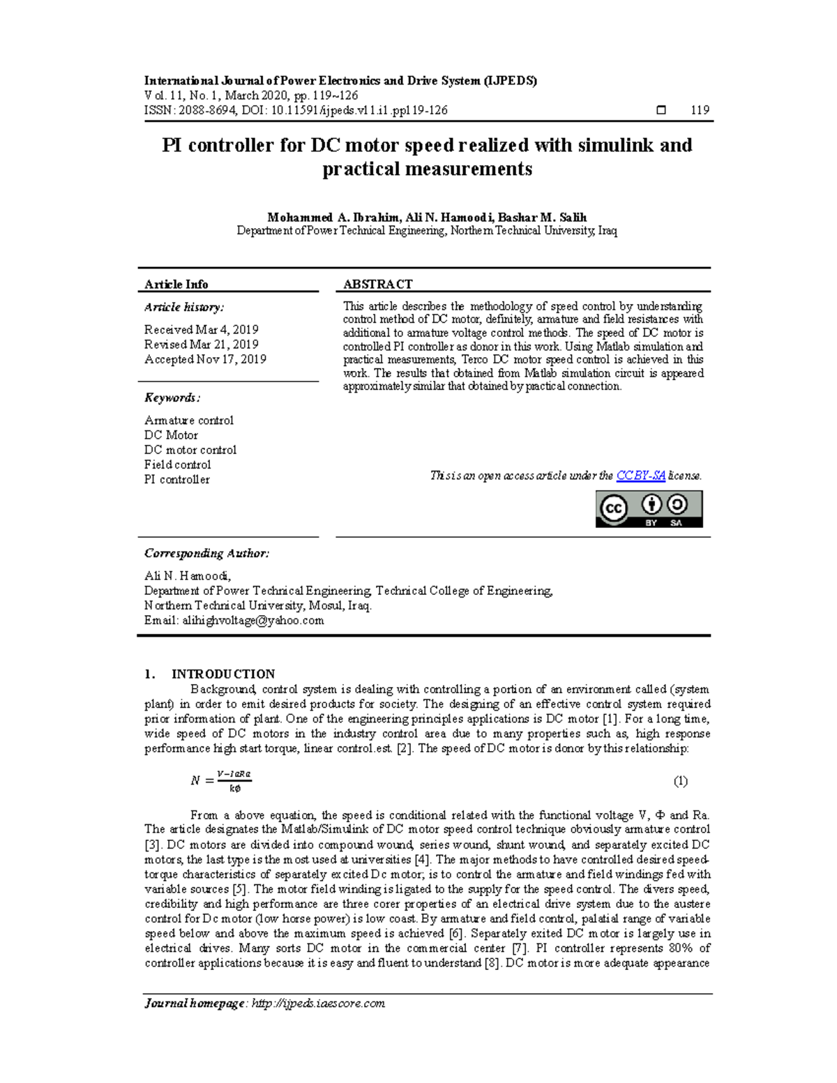 IJPEDS Vol. 11, No. 1: PI Controller for DC Motor Speed Control Using ...
