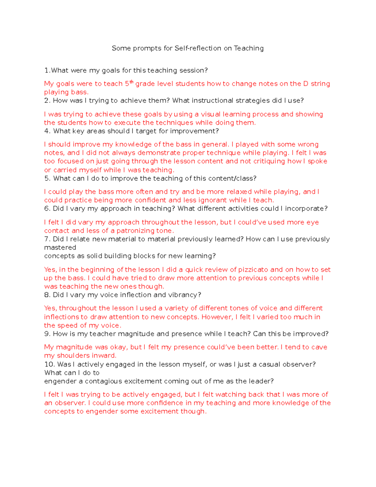 String Tech Fall Exam lesson reflection - Some prompts for Self ...