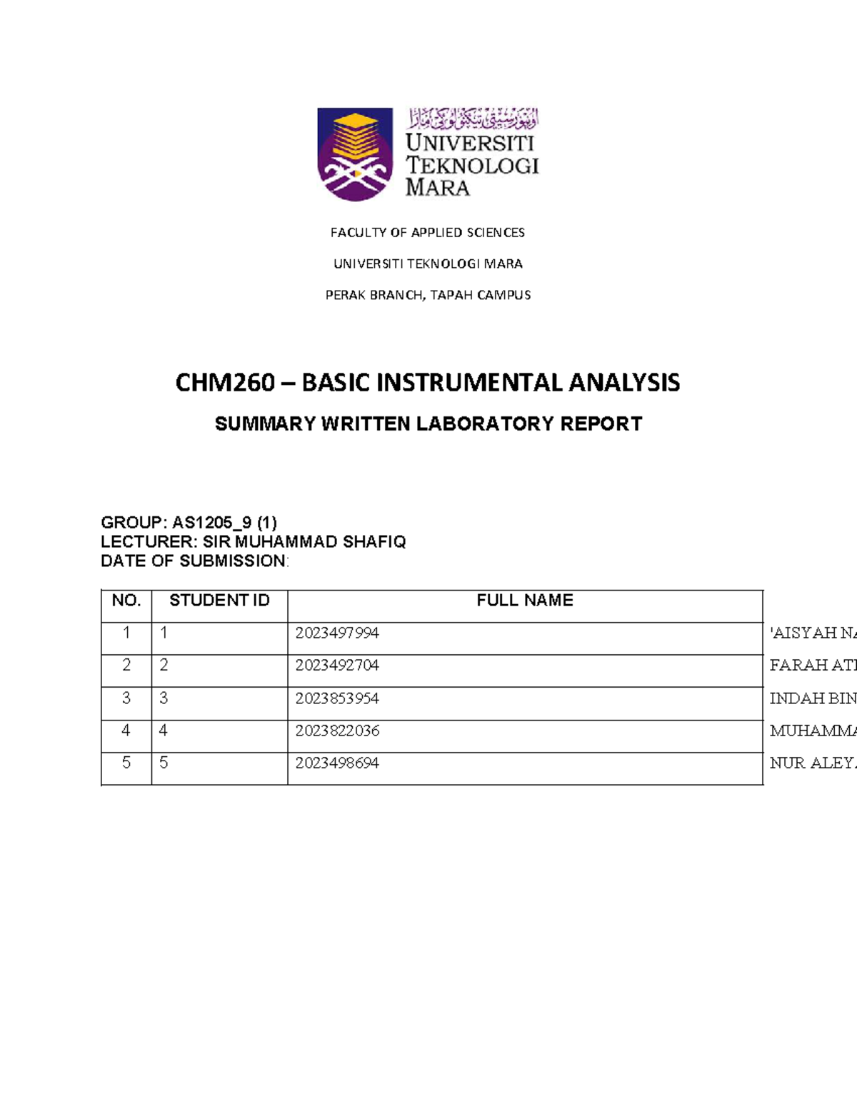CHM260 Basic Instrumental Analysis Lab Report Summary - Studocu