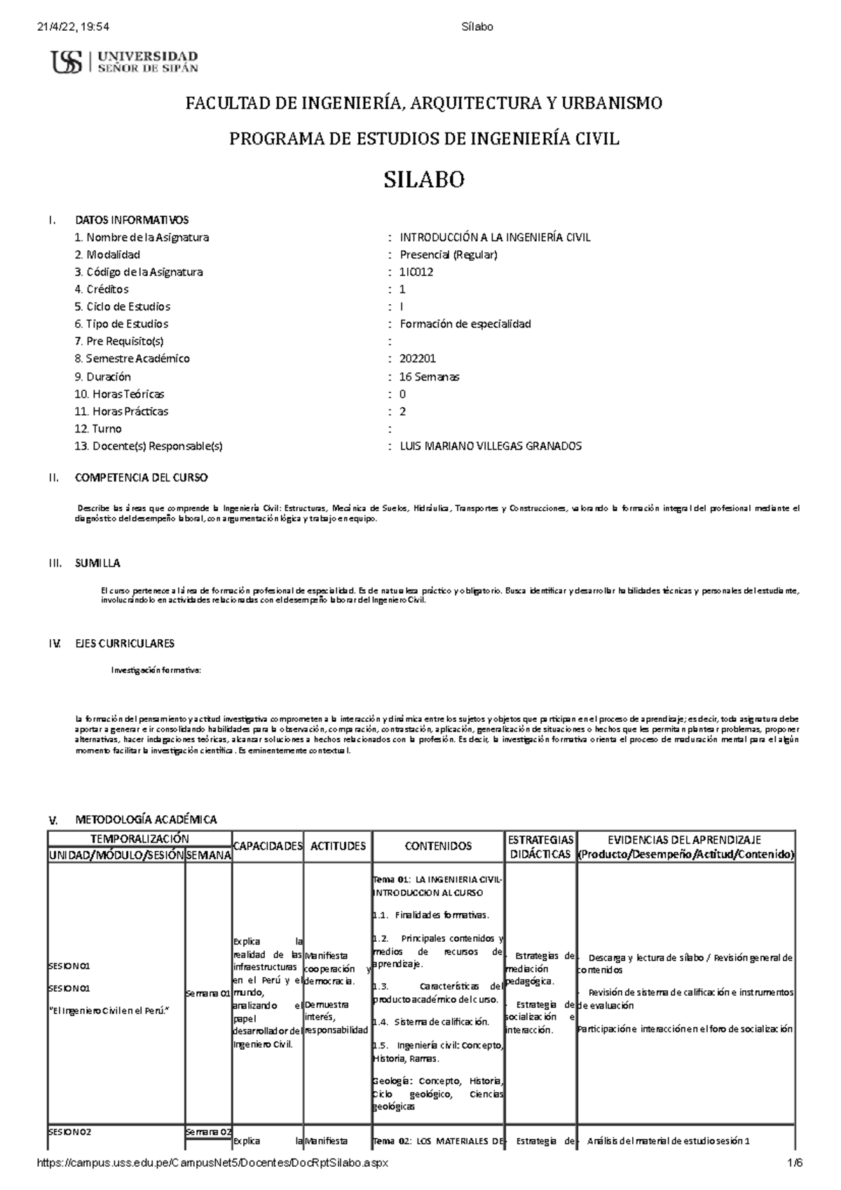 Sílabo de Introducción a la Ingeniería Civil 1IC - Ciclo I - Document Preview