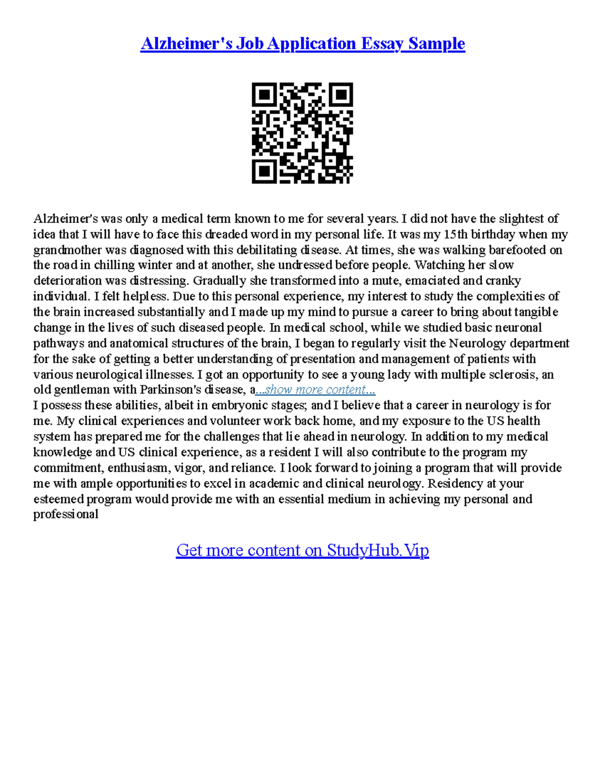 Job Application Essay Sample - Alzheimer's Job Application Essay Sample ...