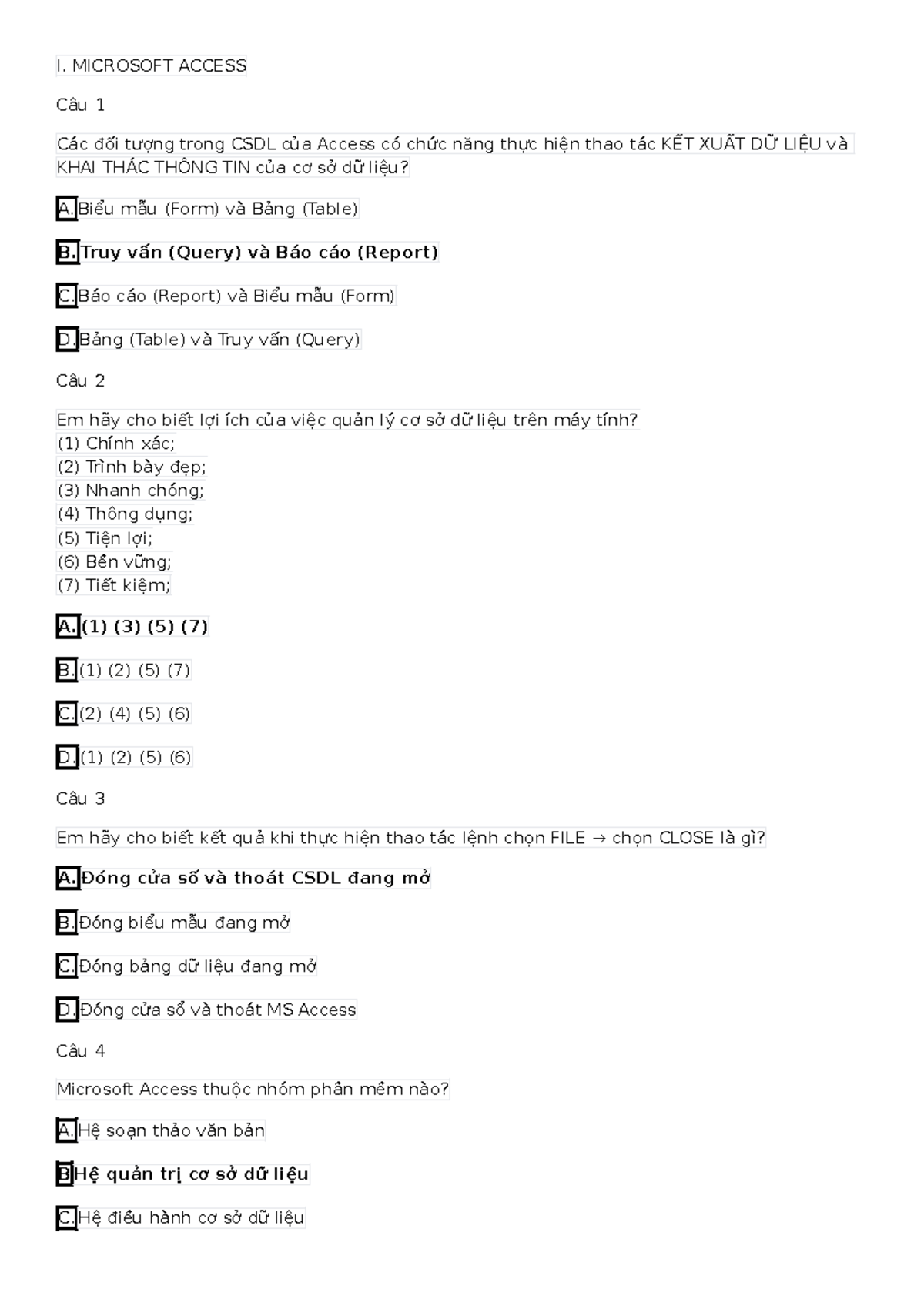 Đề Cương Giữa Kỳ II TIN - Microsoft Access Quiz and Notes - Studocu