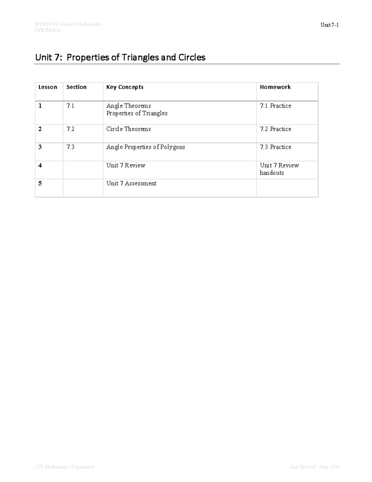 MTH 1W1 Grade 9 Math Unit 7: Triangle & Circle Properties Notes - Studocu
