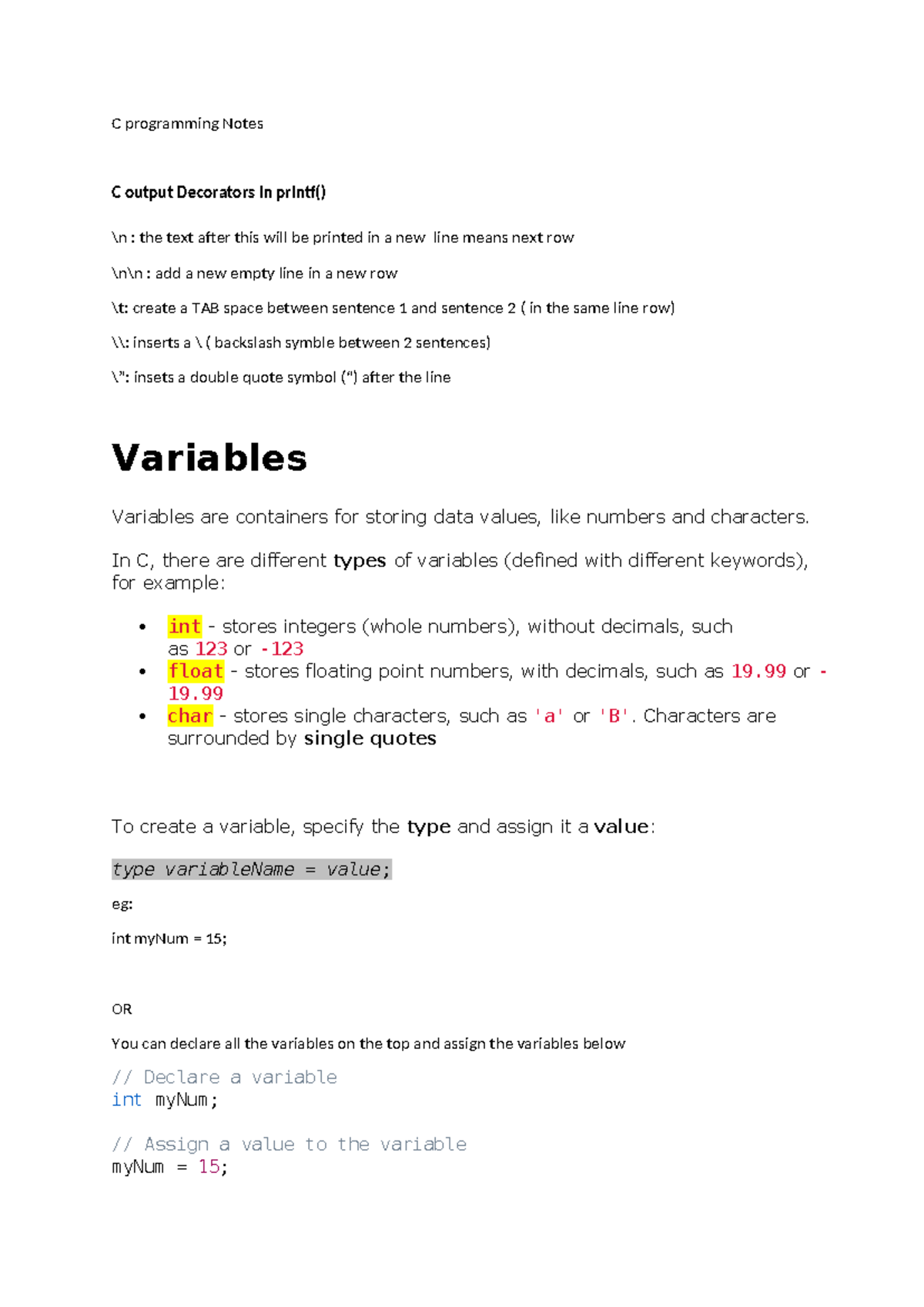 C Programming Notes: Output Decorators in printf() - Studocu