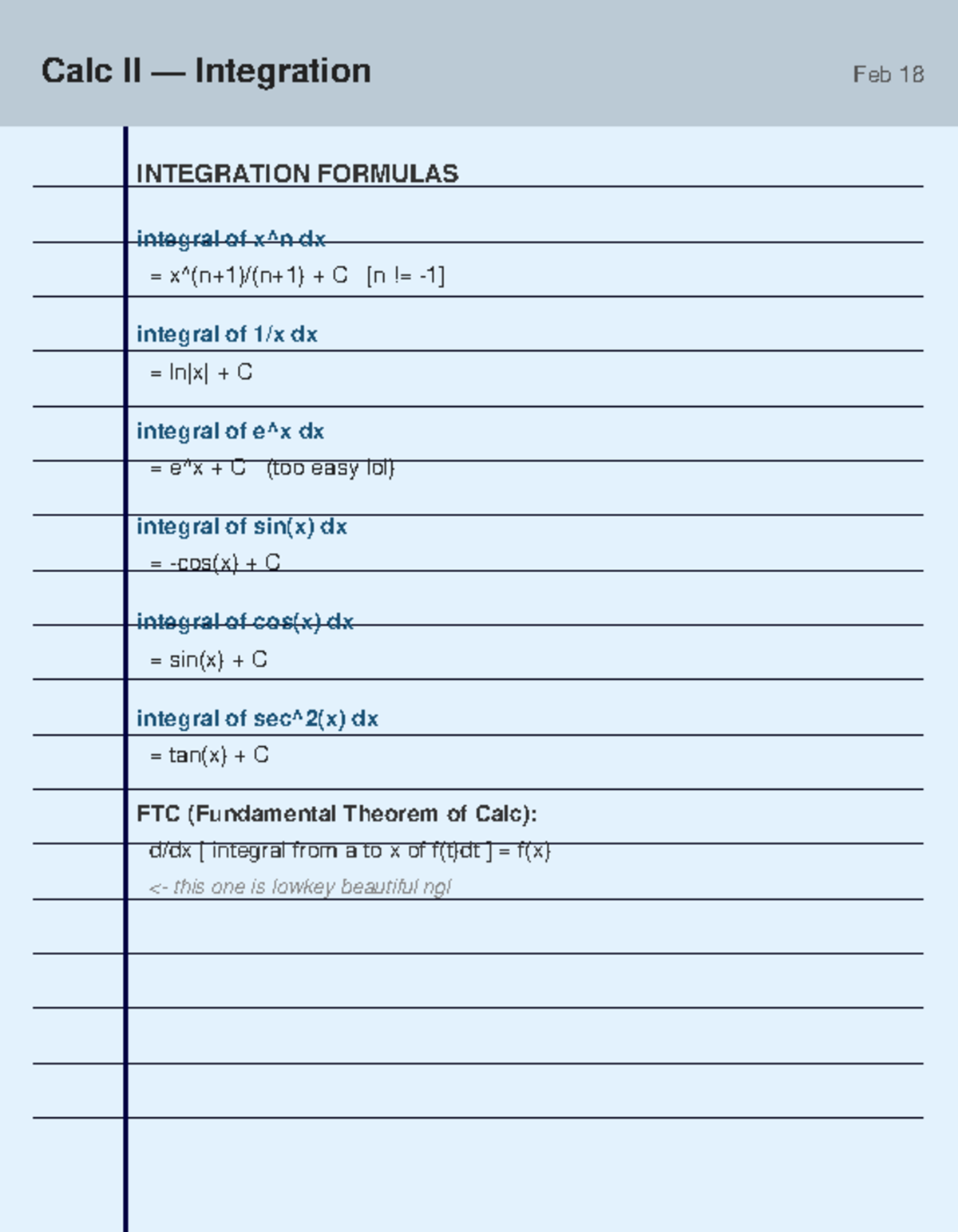 Calc note3 integrals - Math - MATH 2171 - Calc II — Integration Feb 18 ...
