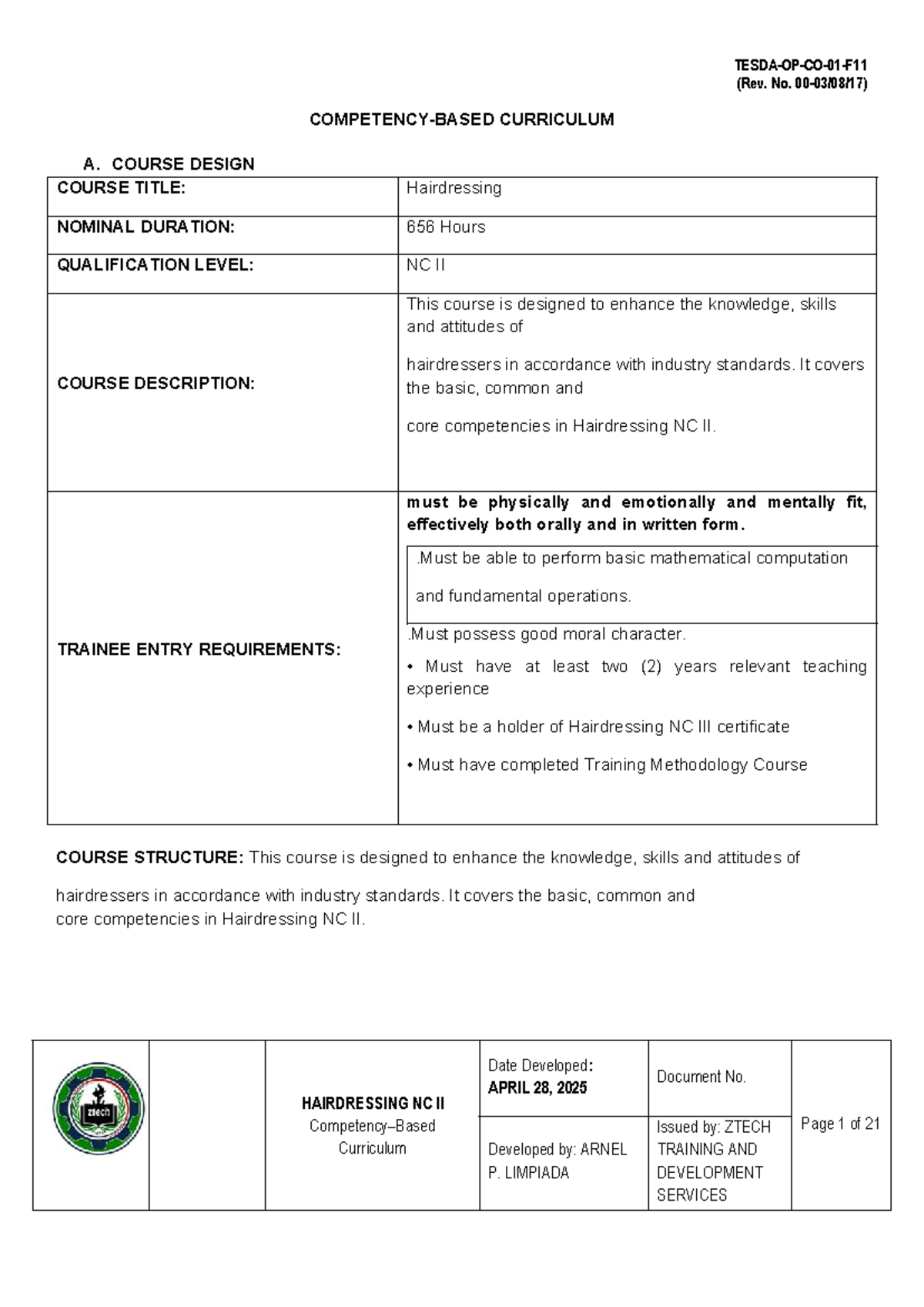 HAIRDRESSING NC II Curriculum Overview and Training Modules - Studocu