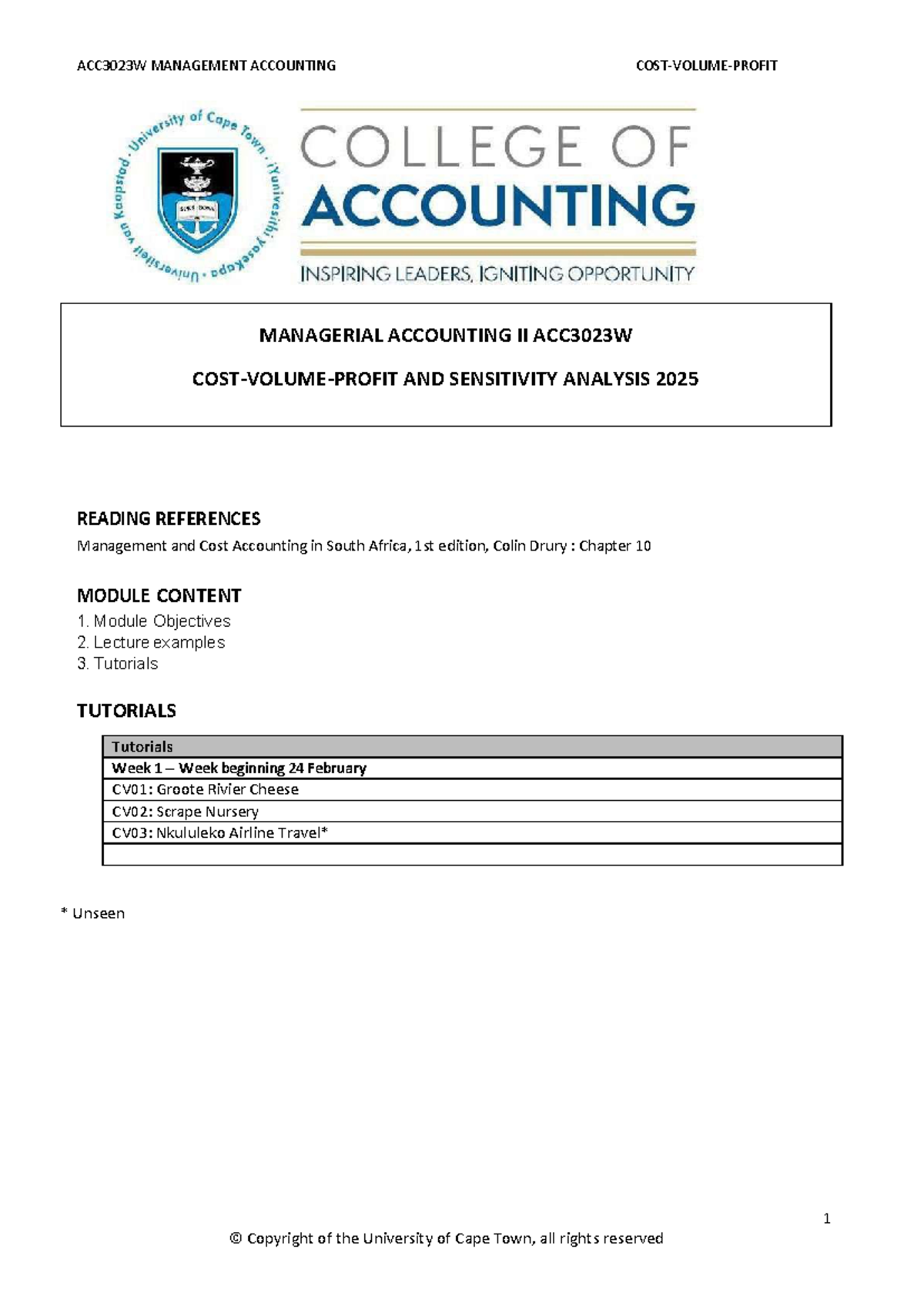 ACC3023W management accounting II CVP analysis and tutorials 2025 - Studocu